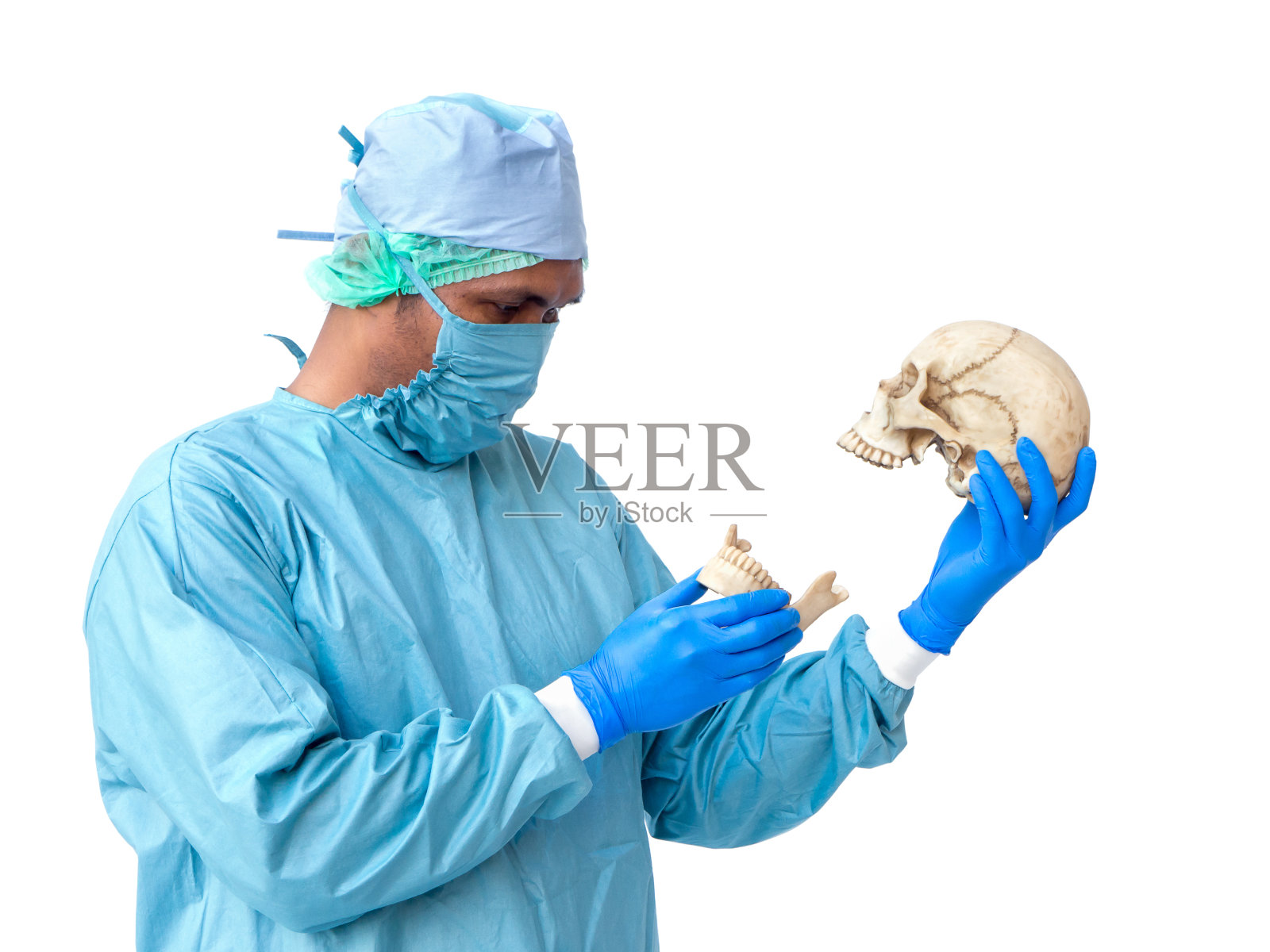 穿着制服的亚洲外科医生(骨科医生)，戴着医用手套，在白色背景上举着一个头骨照片摄影图片