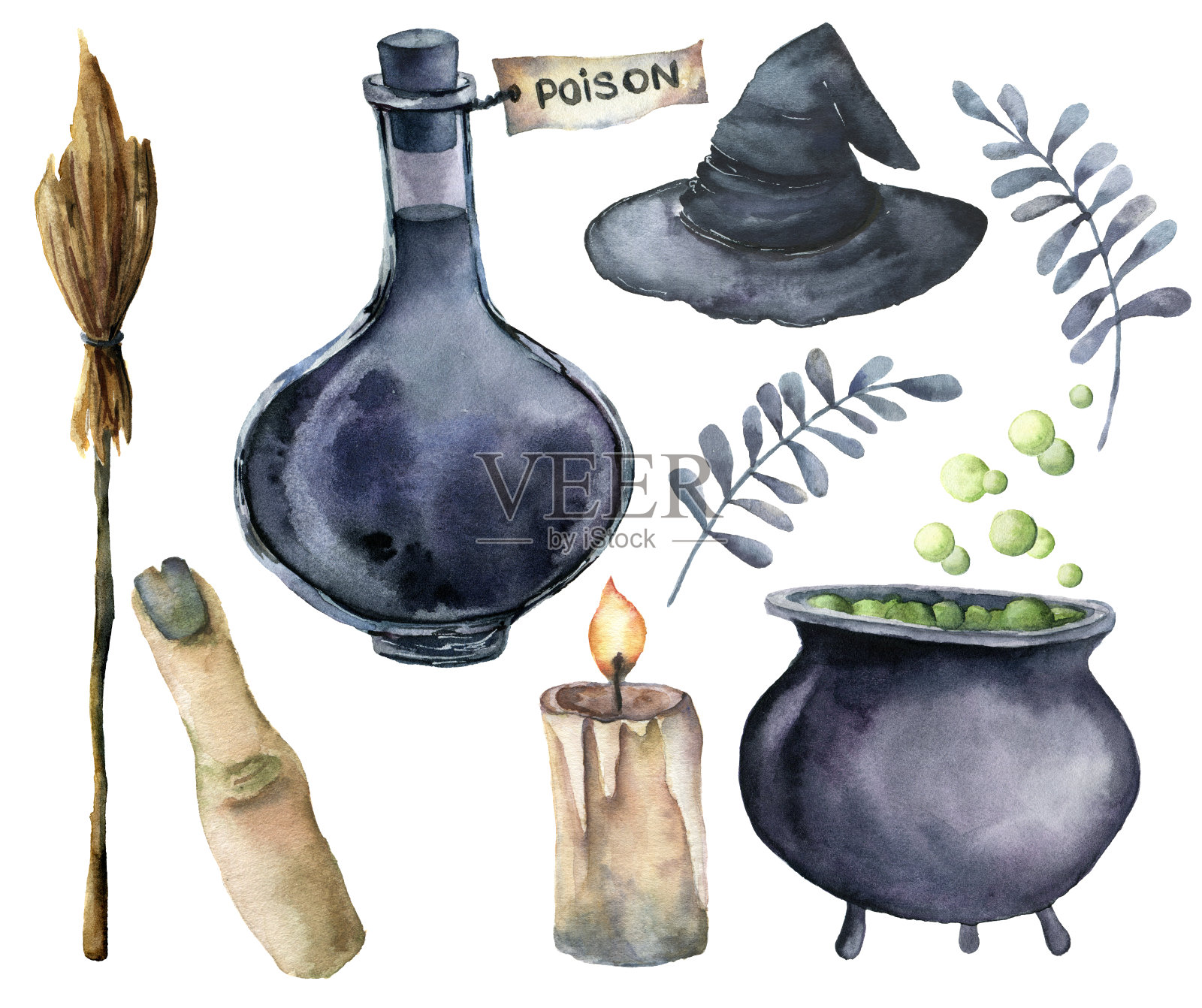 水彩万圣节魔术集。手绘毒药瓶，坩埚与药水，扫帚，蜡烛，手指，女巫帽和花枝孤立在白色的背景。假日插图设计。插画图片素材
