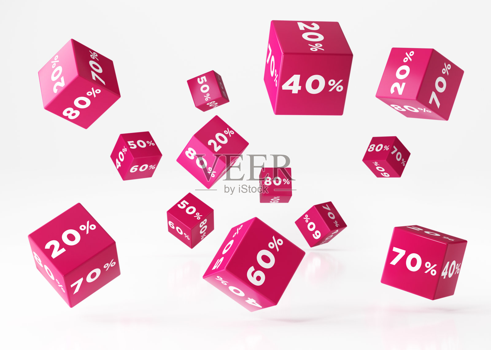 销售概念-粉红色立方体与百分比符号落在白色背景照片摄影图片