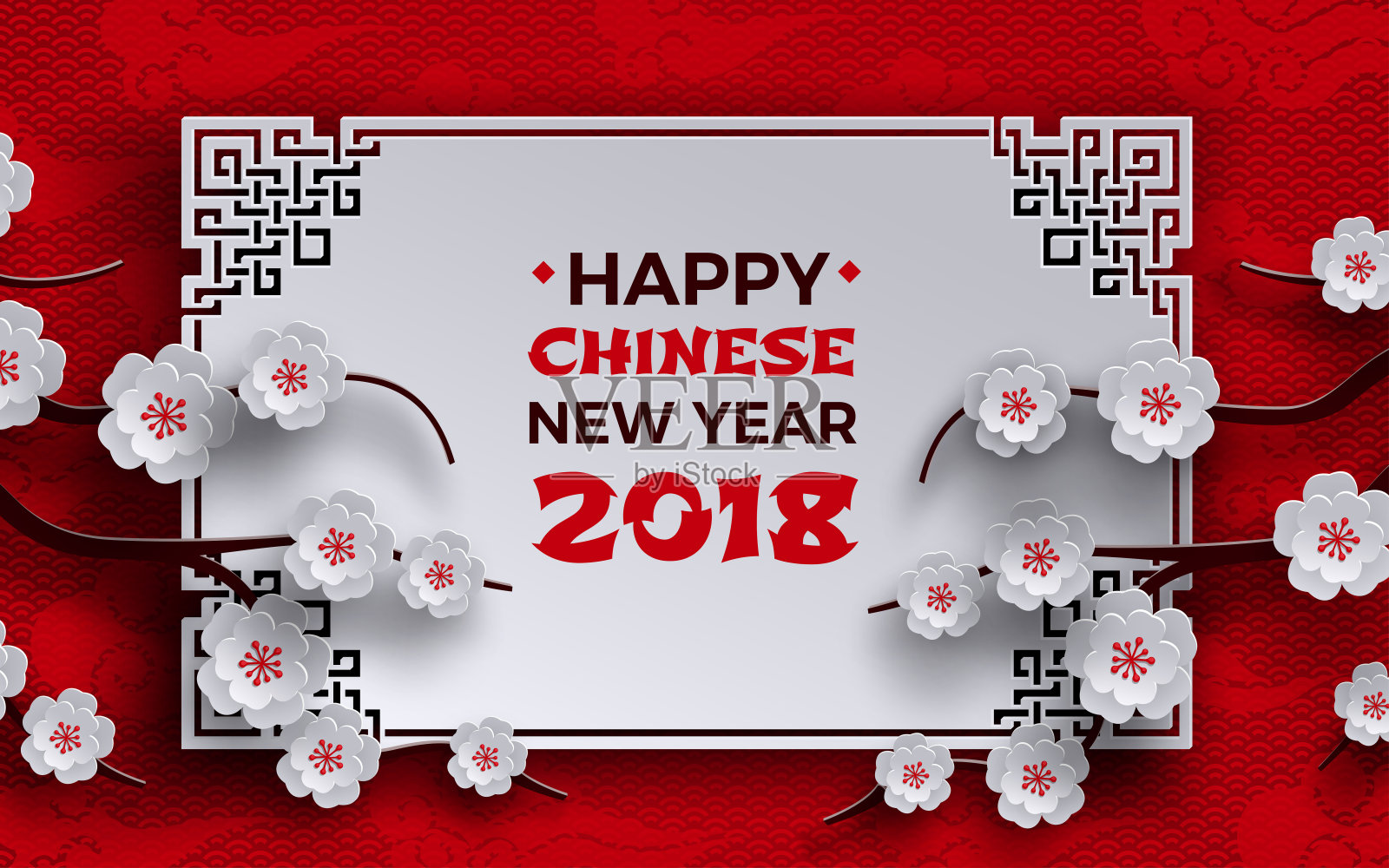 2018中国新年横幅。白色框架与樱花或樱花在红色图案背景与东方亚洲云彩。贺卡设计元素。纸剪出风格，矢量背景图片素材