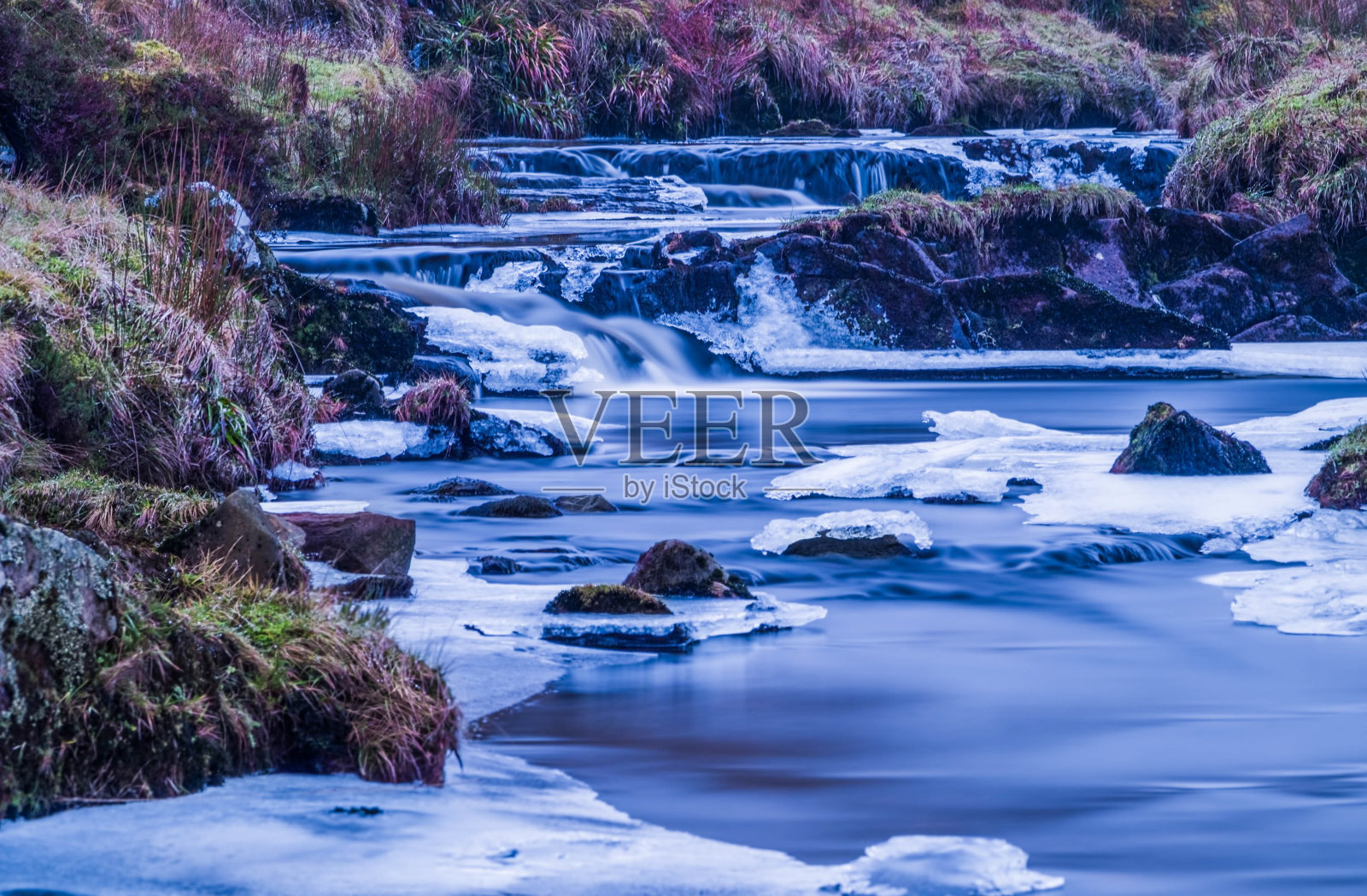 冬天结冰的苏格兰河或小溪。照片摄影图片