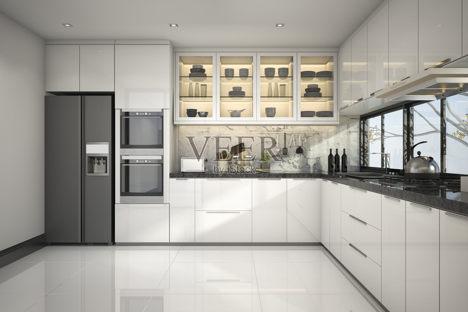 3d渲染美丽的现代白色厨房与大理石装饰照片摄影图片
