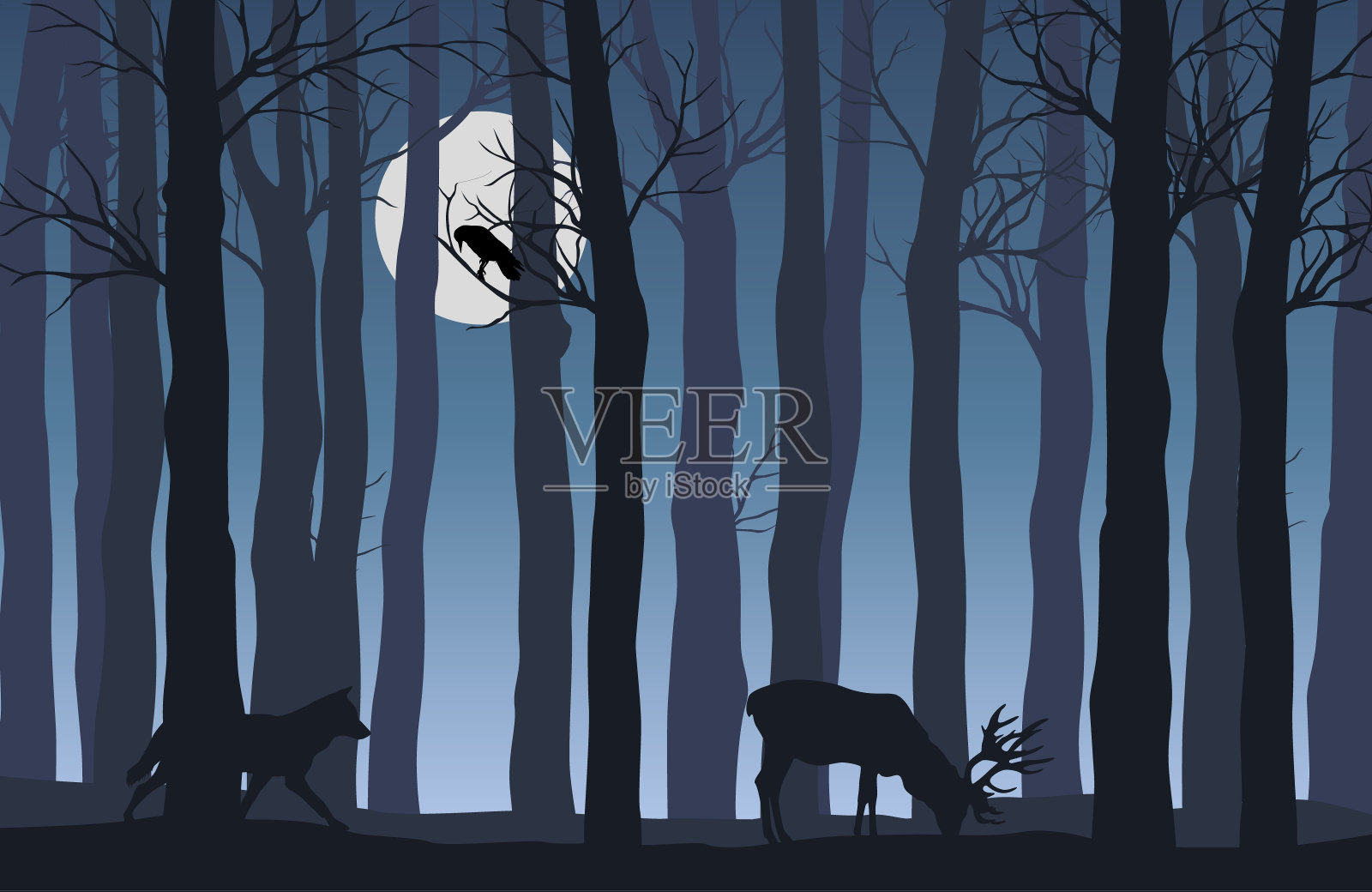 矢量雾冬季景观与树木和鹿的剪影插画图片素材