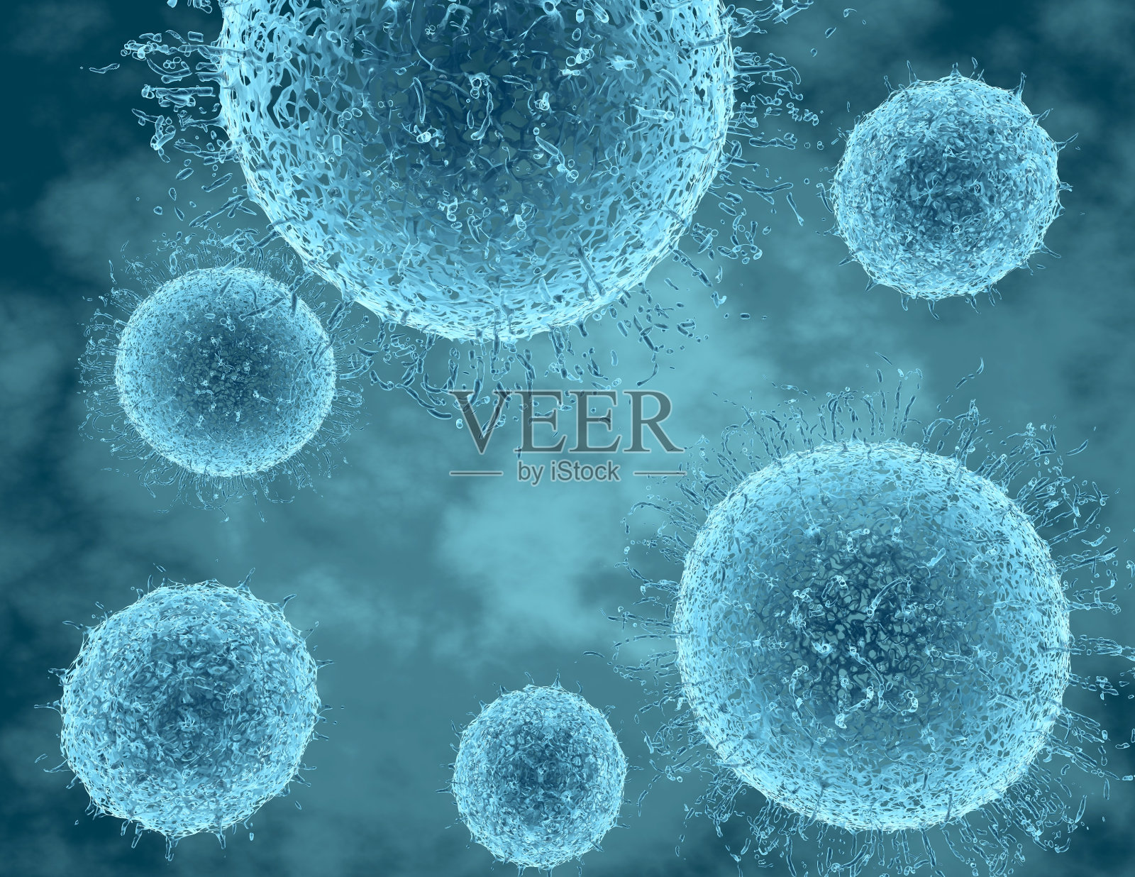 蓝色的病毒，病毒疾病细胞抽象的3d插图。插画图片素材