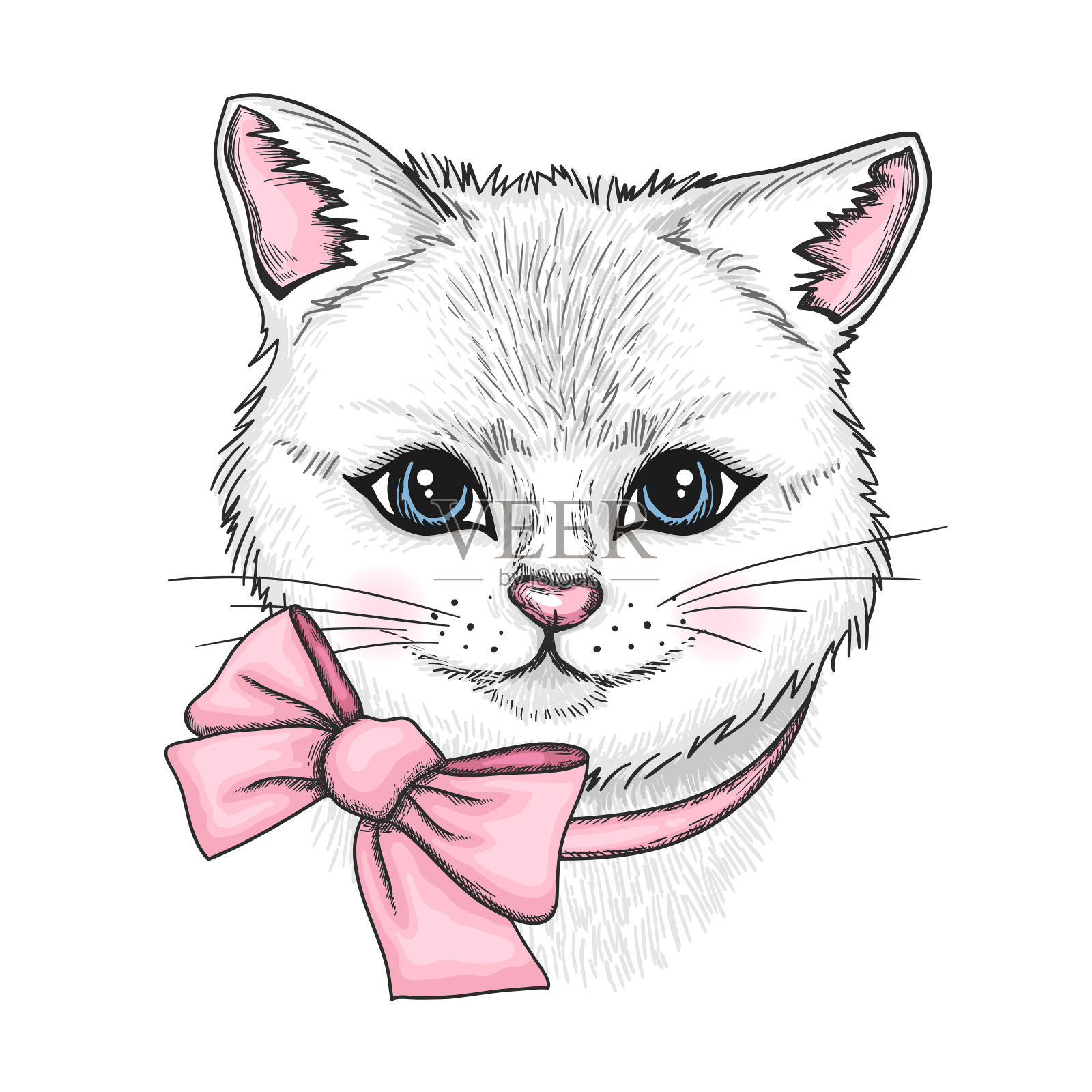 手绘的白色猫与一个粉红色的蝴蝶结插画图片素材