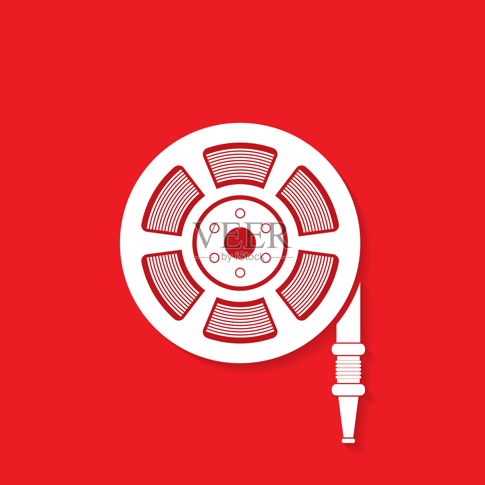 红色背景上的消防水带卷轴图标，消防安全标志插画图片素材