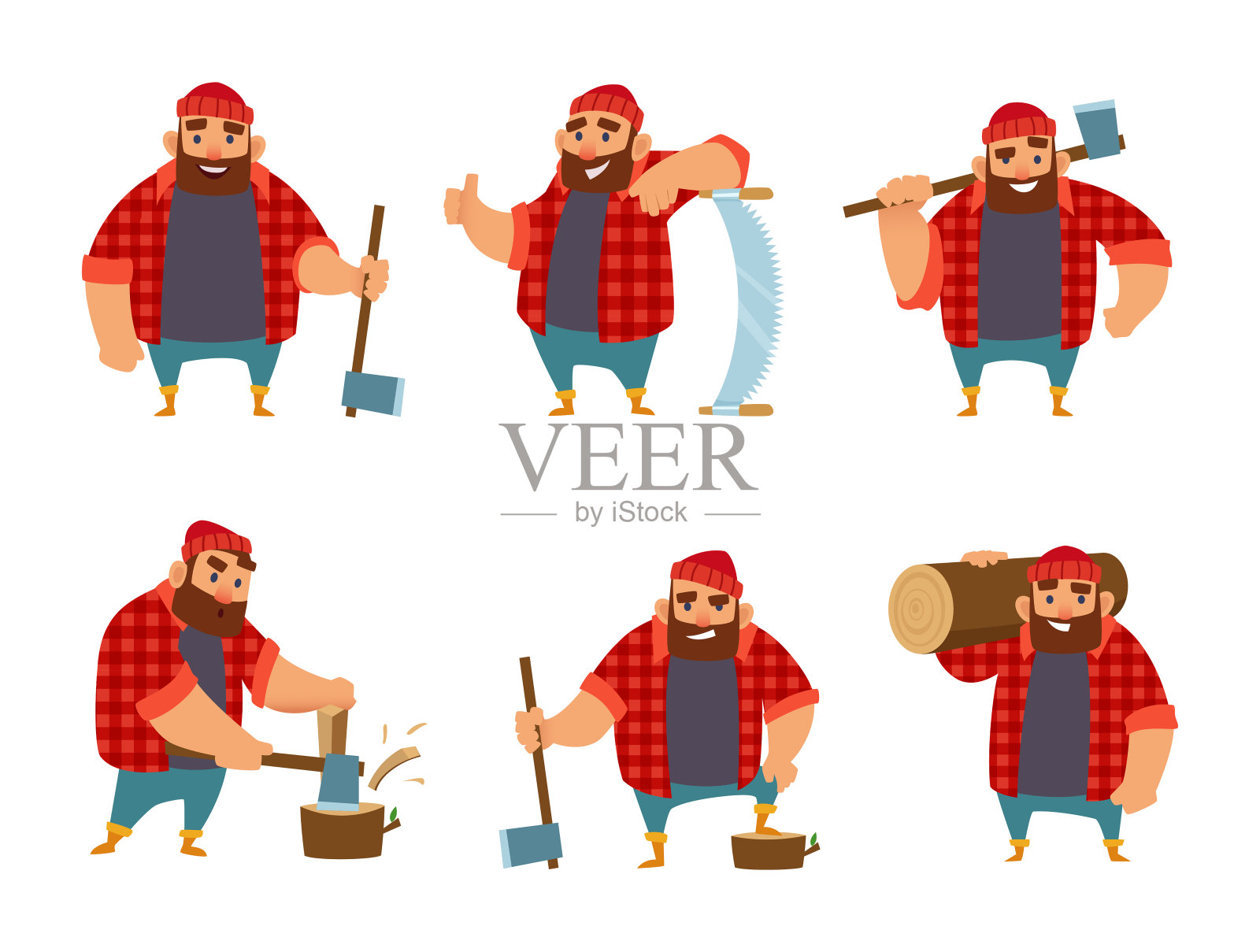 伐木工人在不同的动作姿势。向量有趣的角色插画图片素材