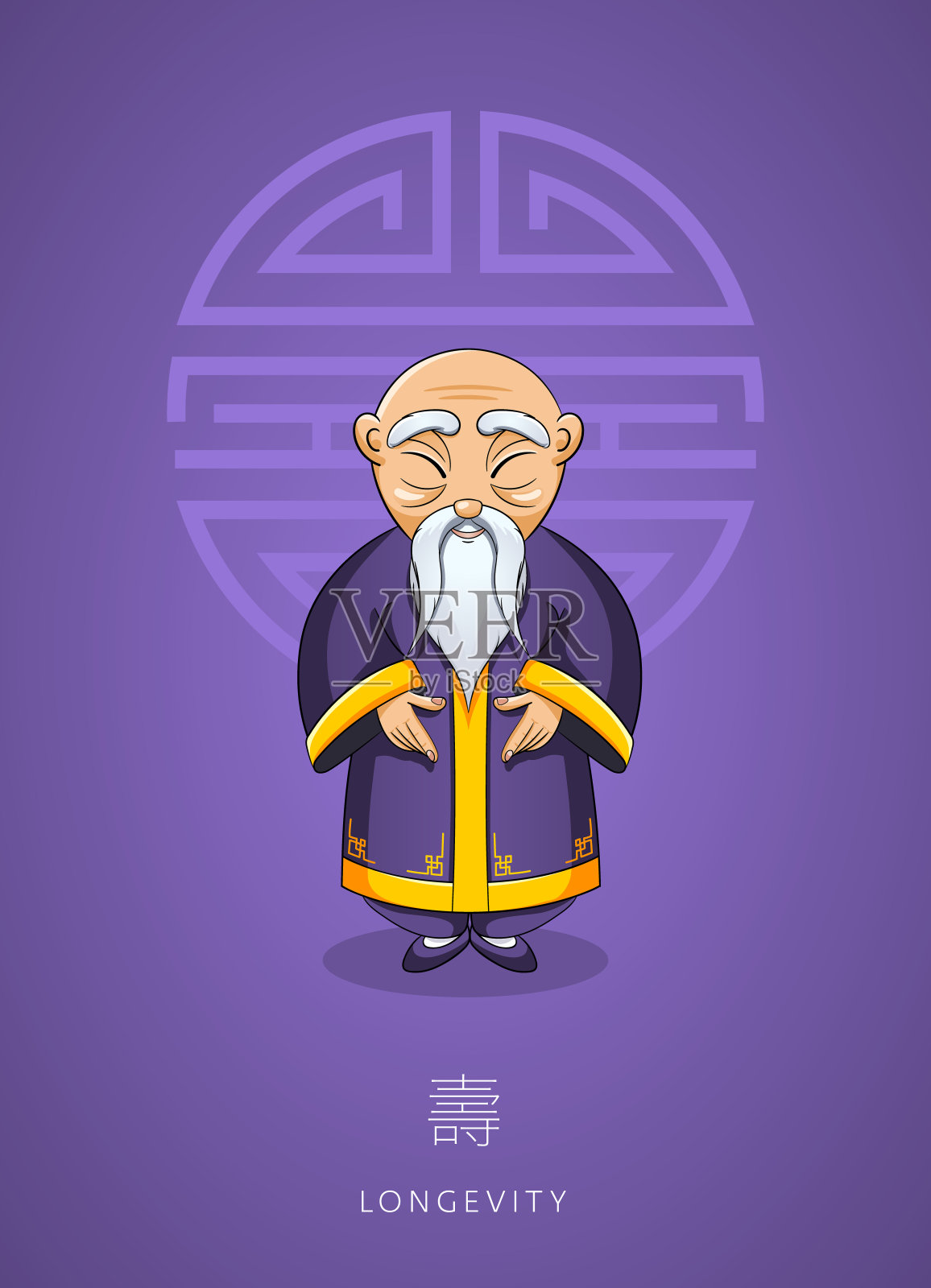 卡通手绘亚洲明智的老人在传统服装上的背景颜色紫外线插画图片素材