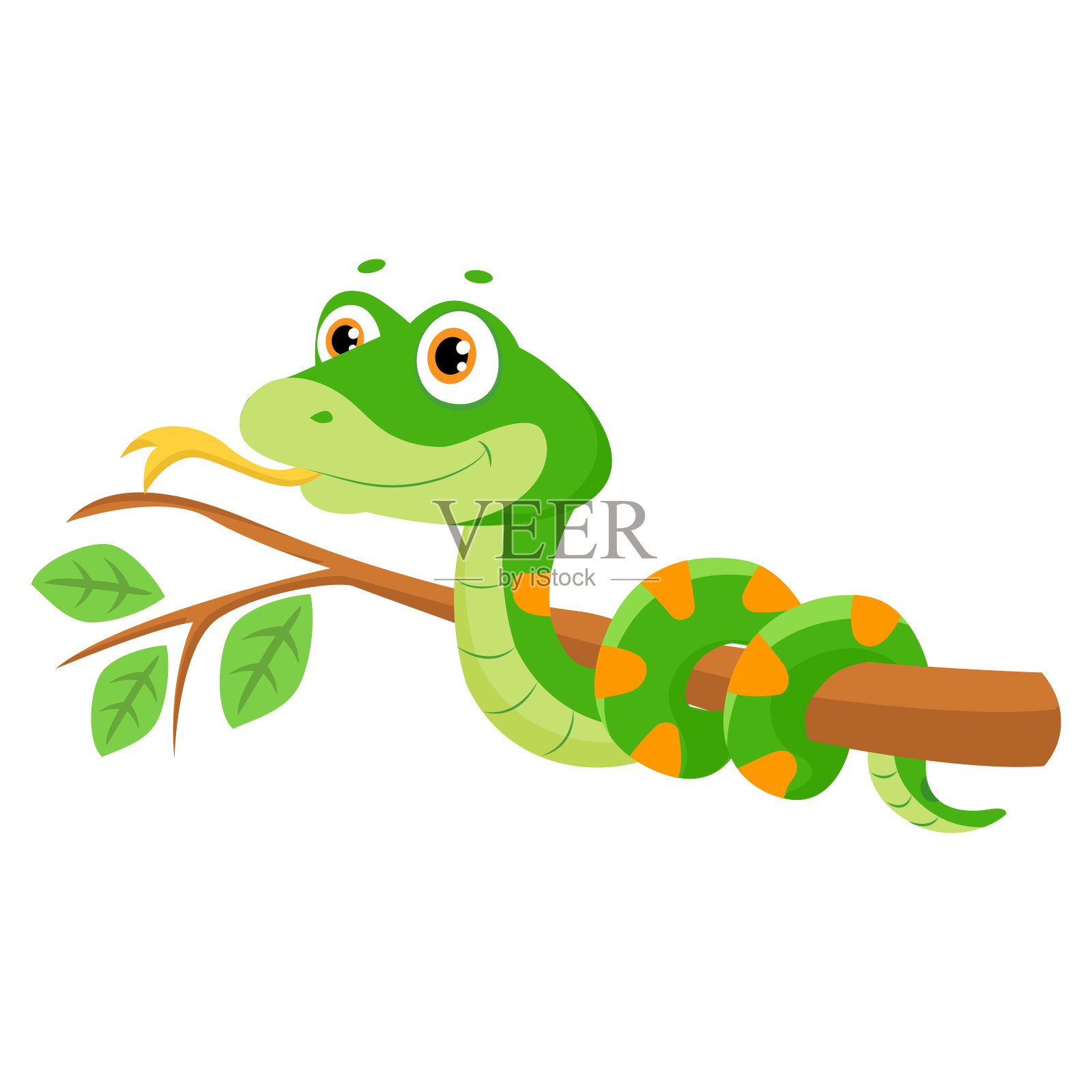 可爱的绿色微笑蛇在树枝上的矢量插图。设计元素图片