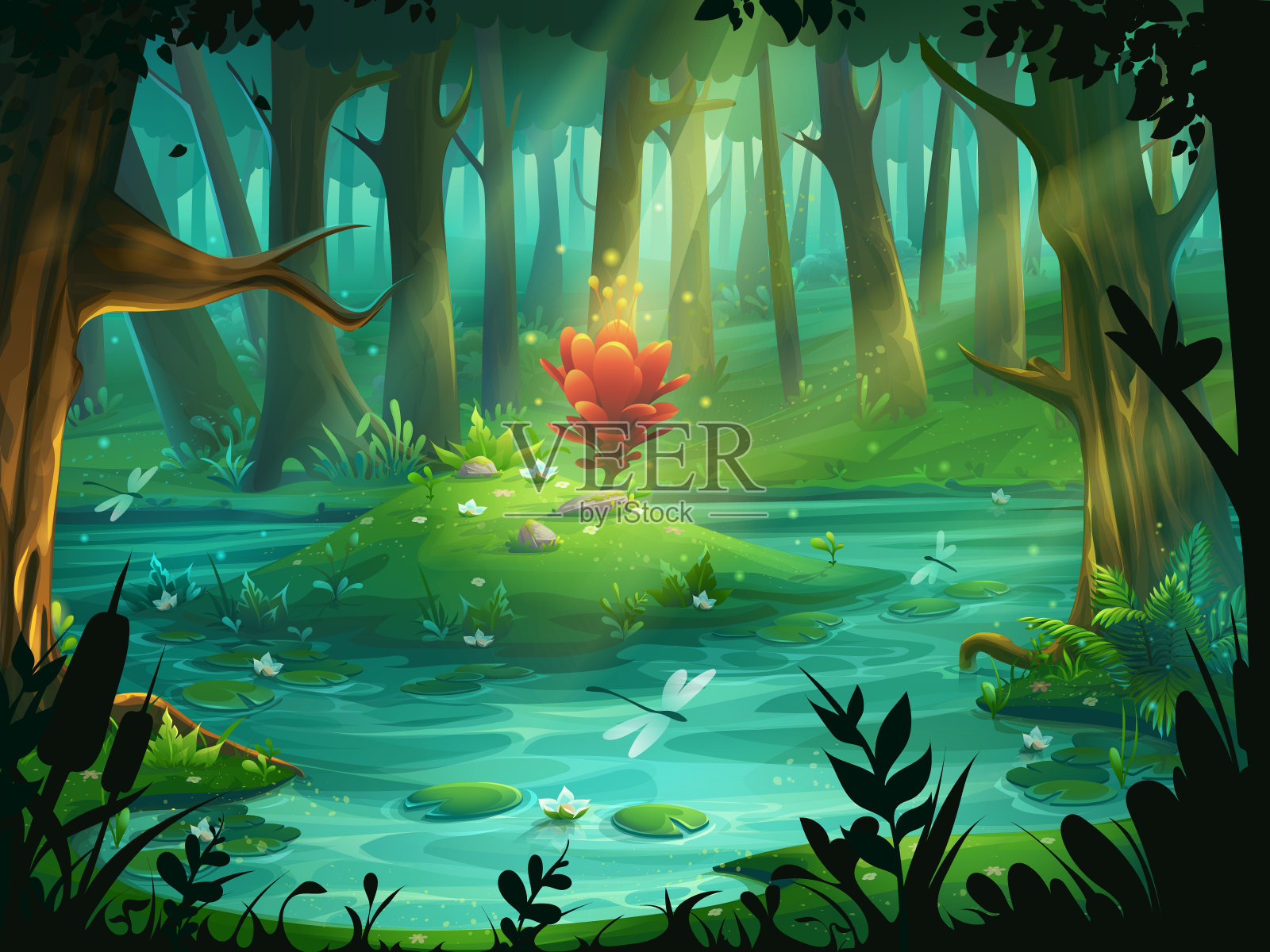 《猩红色花》在森林沼泽中的一个小岛上插画图片素材