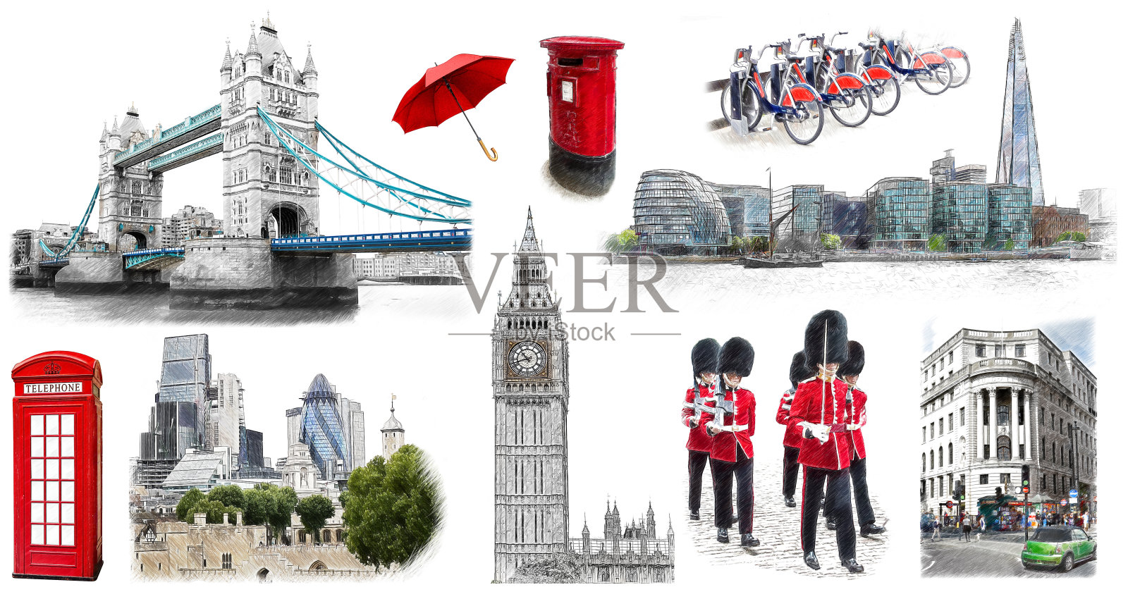伦敦地标，手绘收藏品。插图，素描风格。插画图片素材