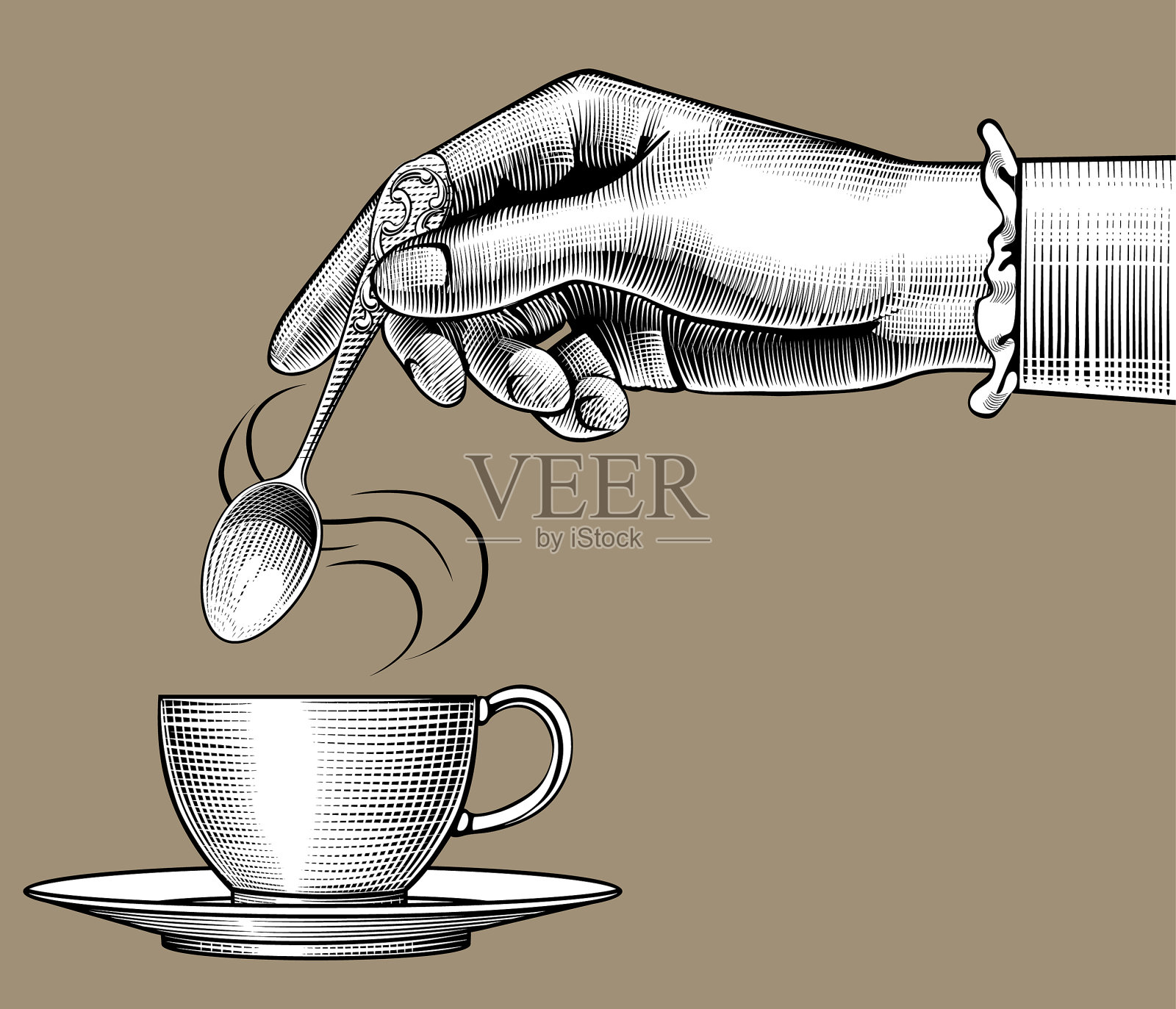 拿着咖啡杯和勺子的女人的手插画图片素材