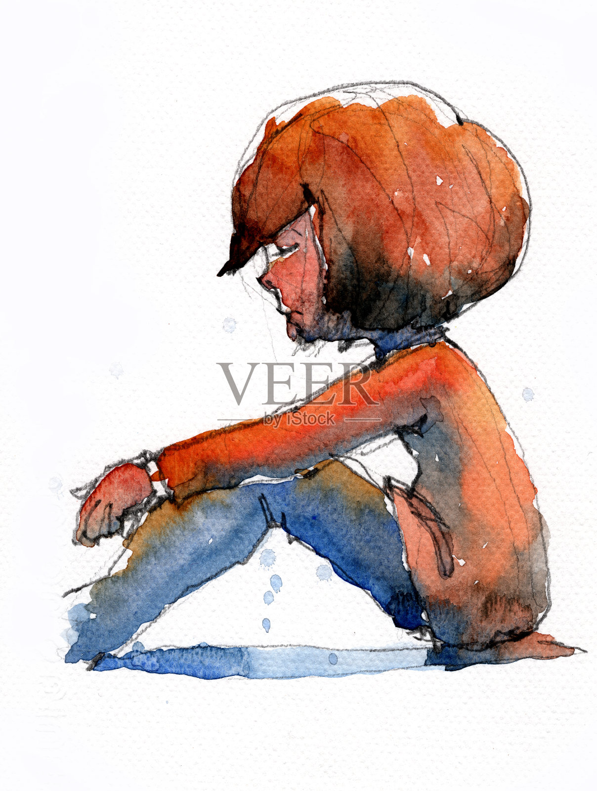 水彩画的女孩坐着和拥抱膝盖插画图片素材