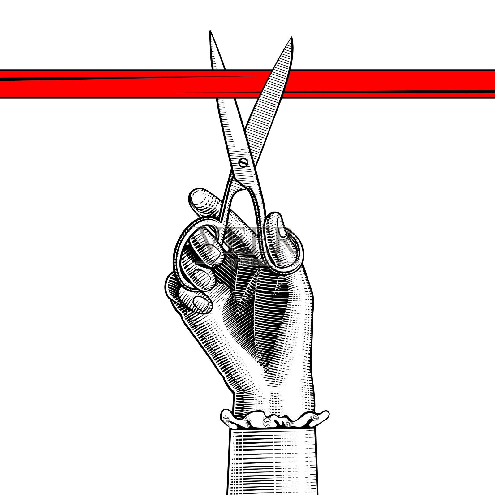 女人的手用剪刀剪红丝带插画图片素材
