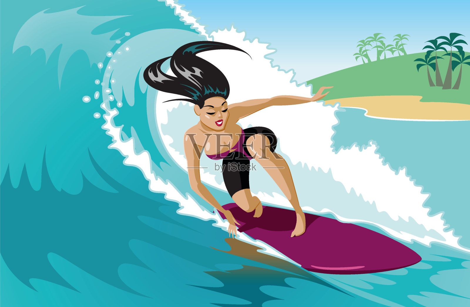 年轻的冲浪女孩拿着冲浪板在冲浪。插画图片素材