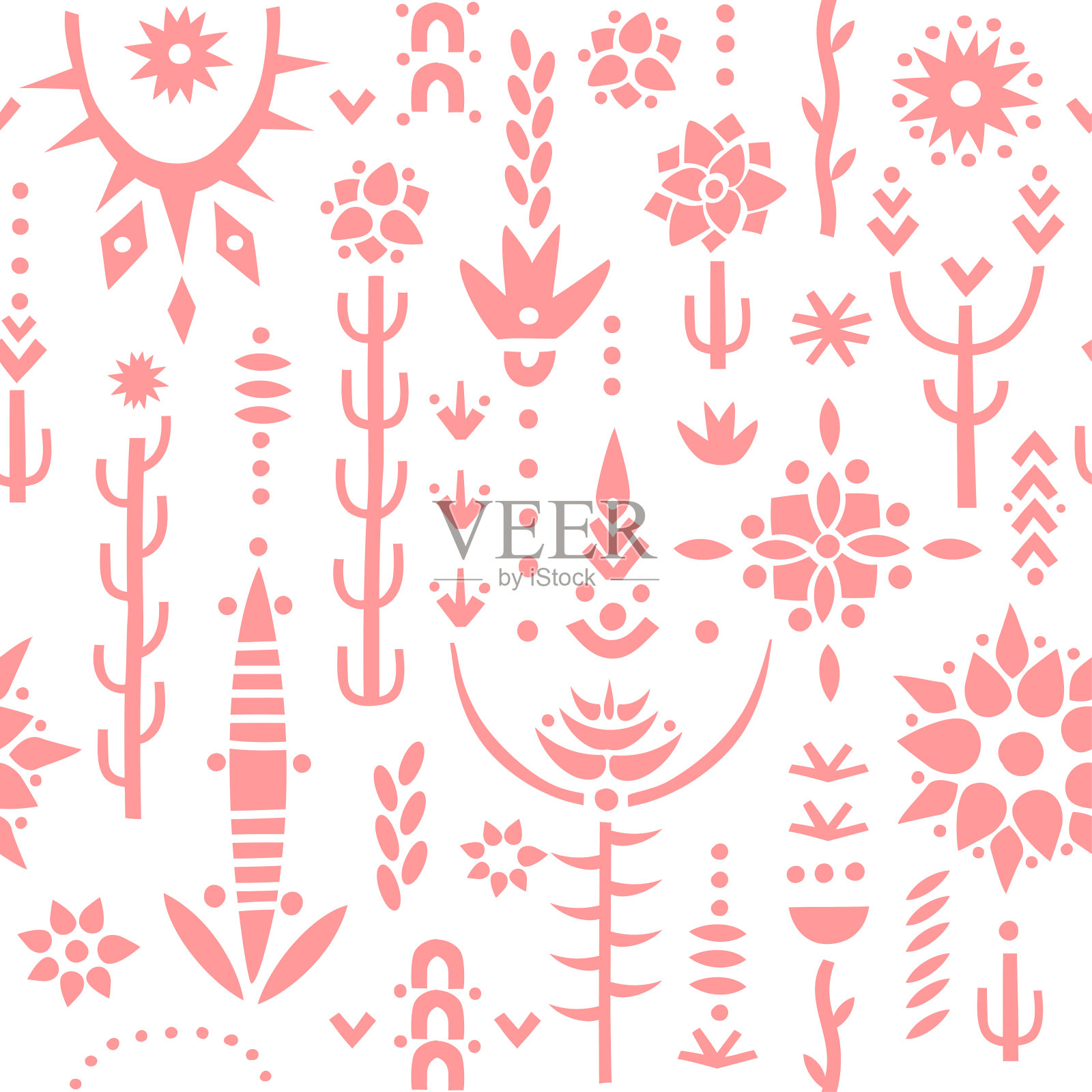 矢量无缝模式程式化的粉色沙漠植物，仙人掌，刺，花在白色的背景。插画图片素材
