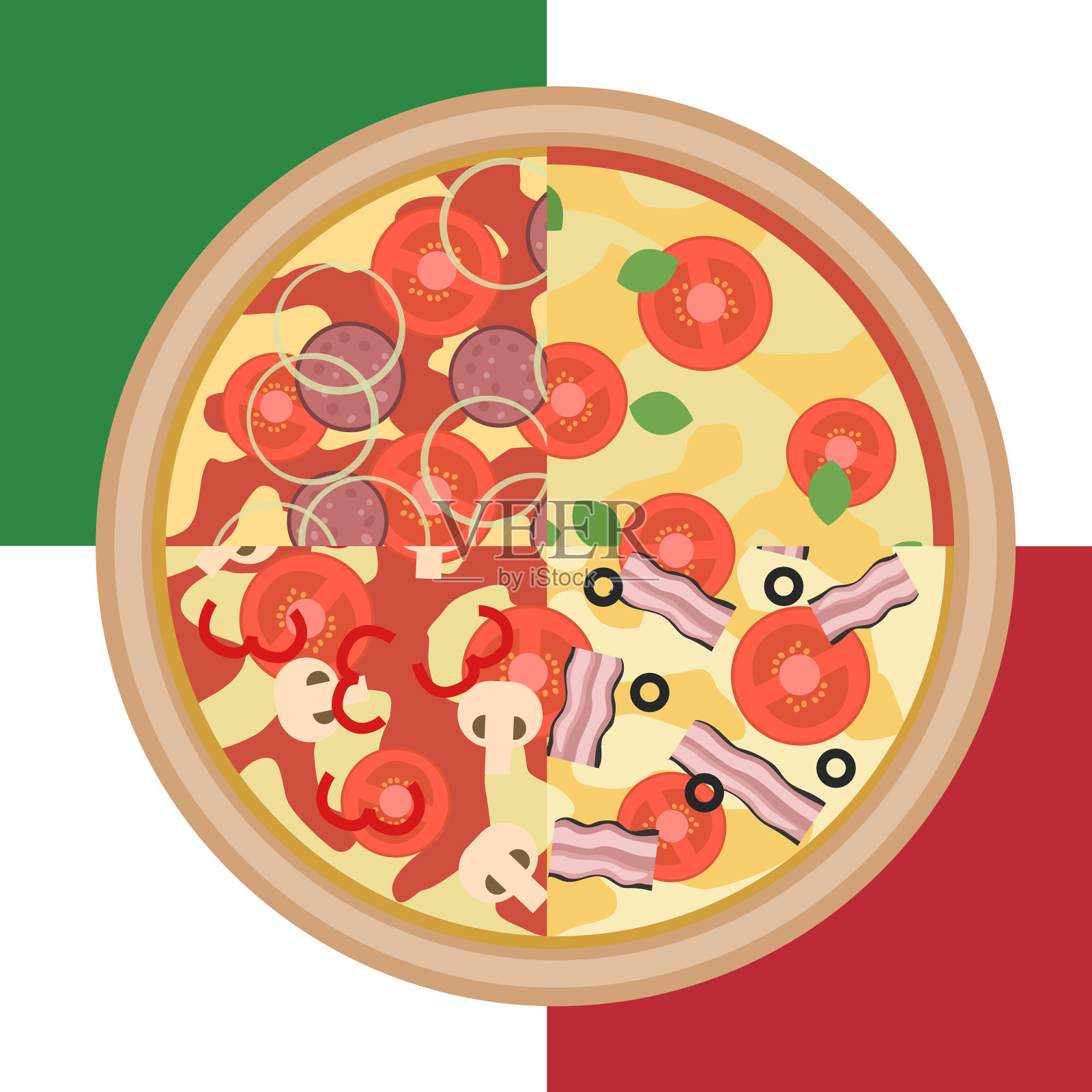 平向量将四种意大利披萨配料隔离在绿色、红色和白色的背景上设计元素图片
