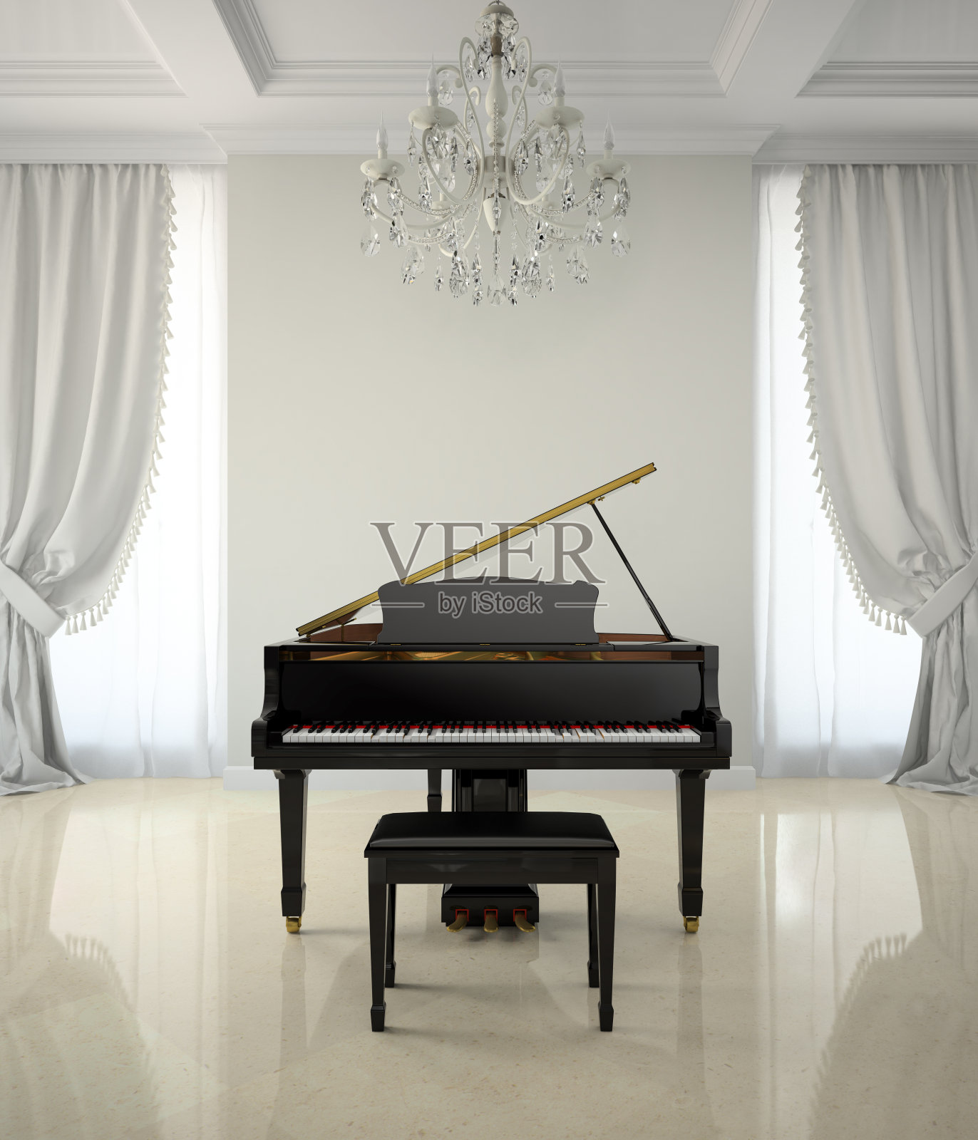 古典风格的房间配有钢琴和吊灯3D渲染照片摄影图片