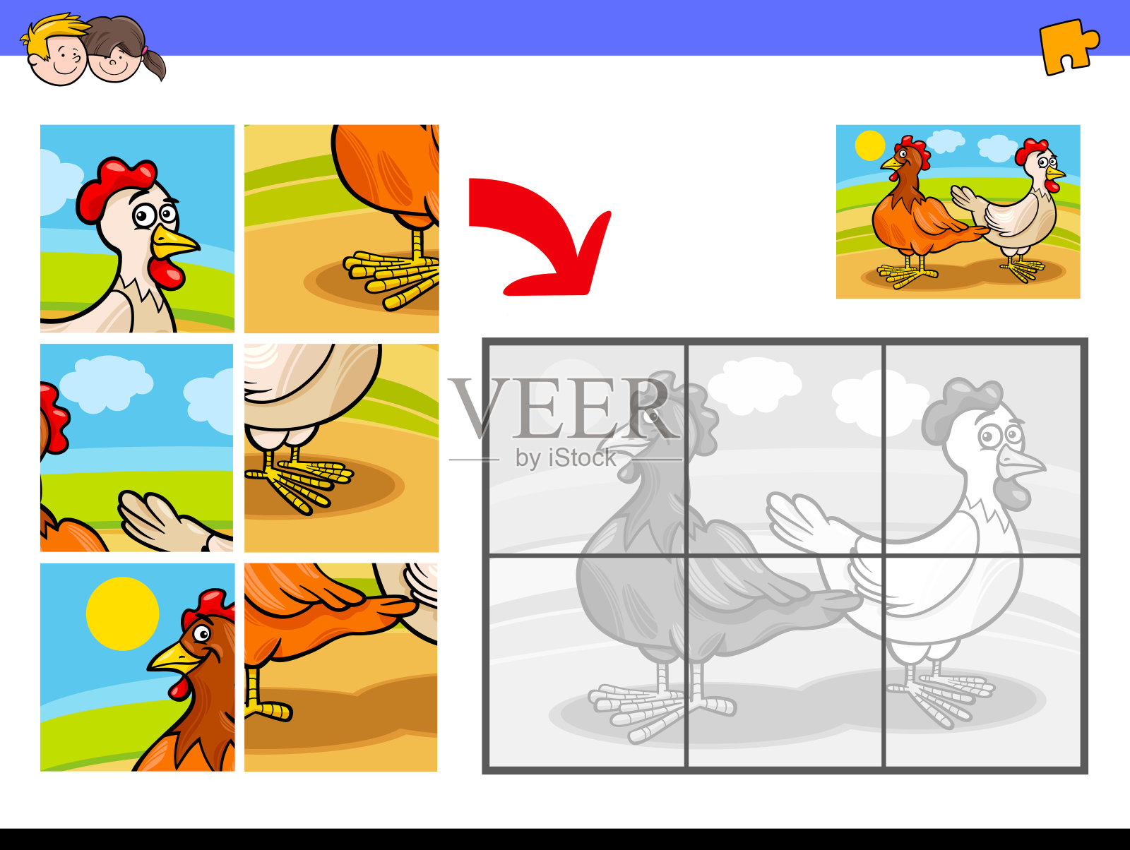 用两只鸡做的拼图游戏插画图片素材
