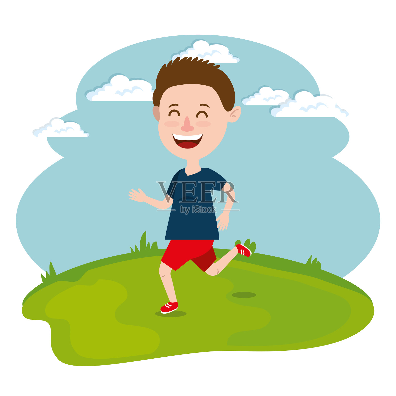 快乐的男孩在田野里奔跑插画图片素材