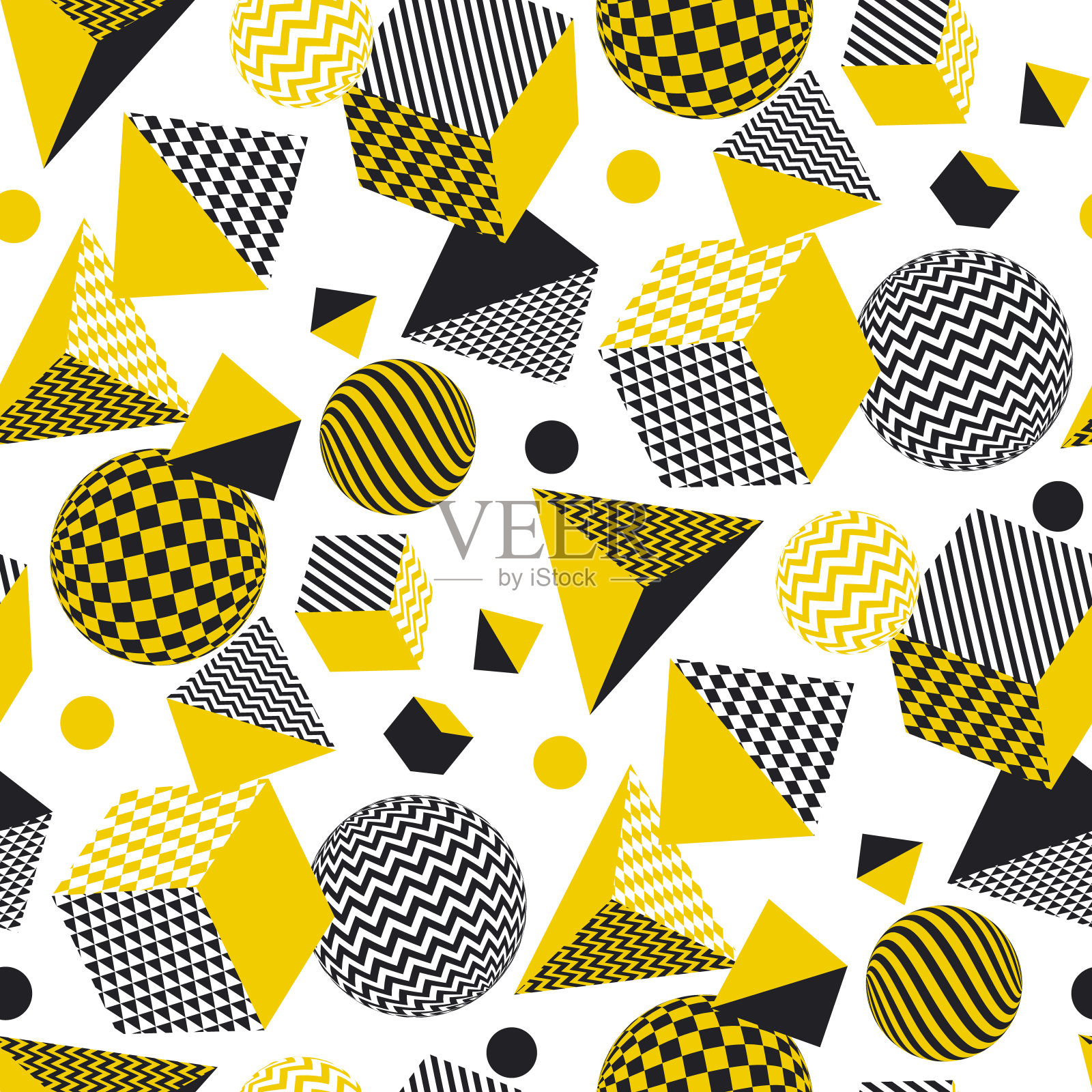 抽象的三维几何无缝图案在黄色和黑色的颜色。体积错觉几何形状可重复的主题。用于表面设计的图形元素，织物，包装纸。插画图片素材