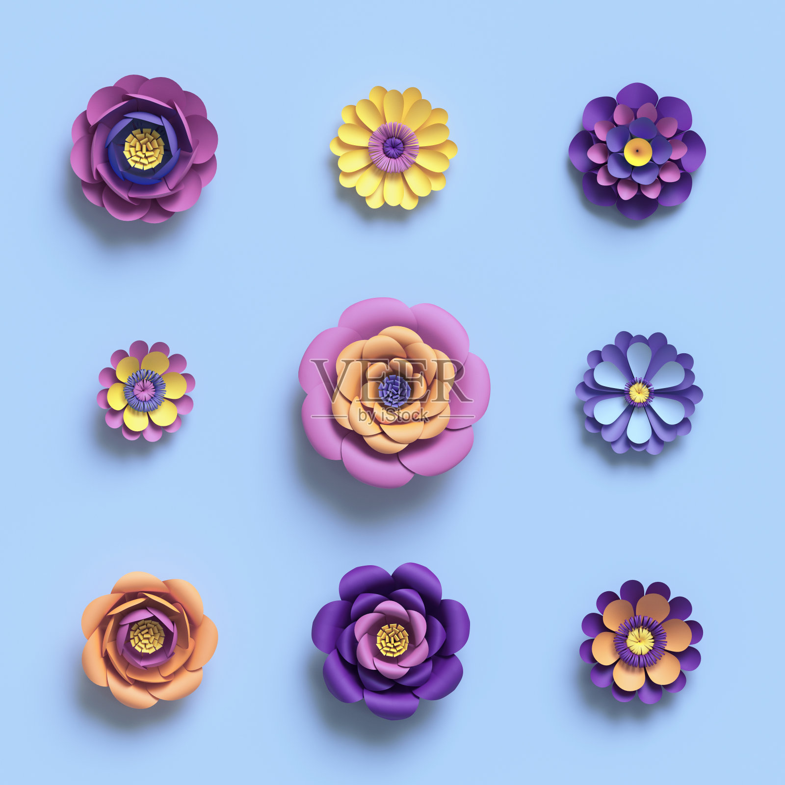 3d渲染，纸艺术，装饰花，花卉背景，植物图案，粉彩糖果颜色，充满活力的调色板，孤立的设计元素插画图片素材