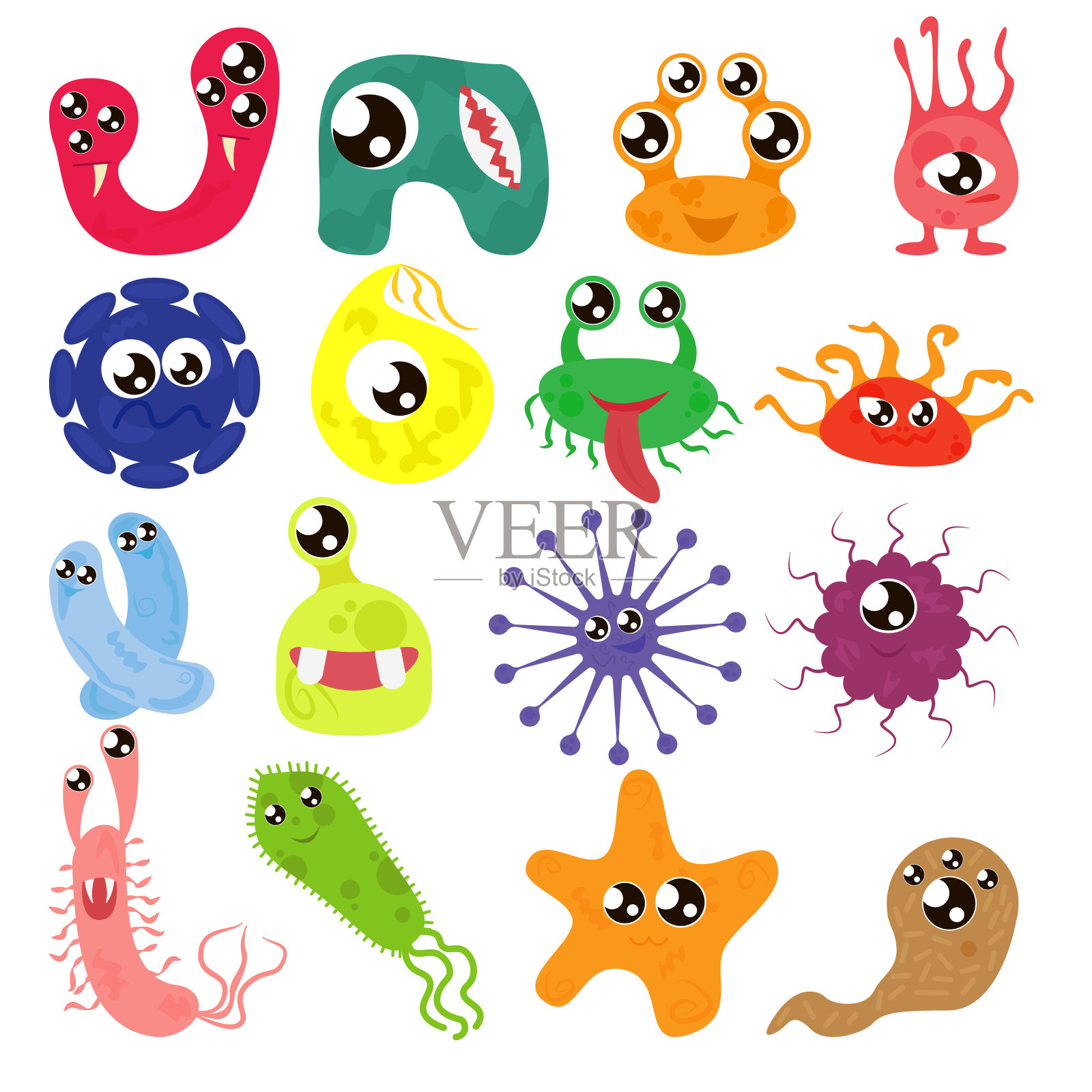 卡通细菌，有趣的人物，可爱的怪物与不同的形状，颜色和面部表情。有趣的病毒细胞和微生物卡通设计。矢量孤立在白色背景。插画图片素材