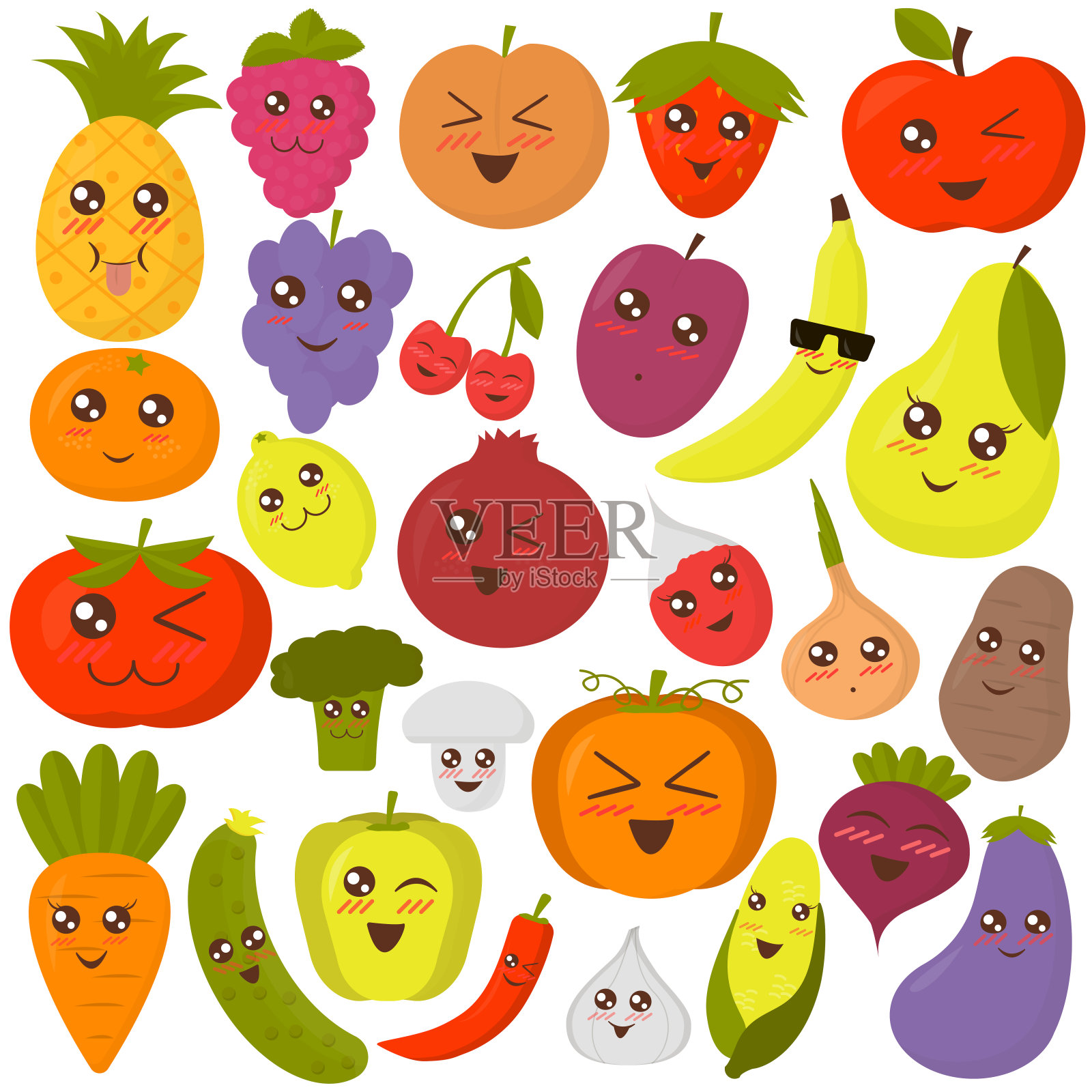 可爱的蔬菜和水果矢量插图。彩色扁平风格贴纸。设计元素图片