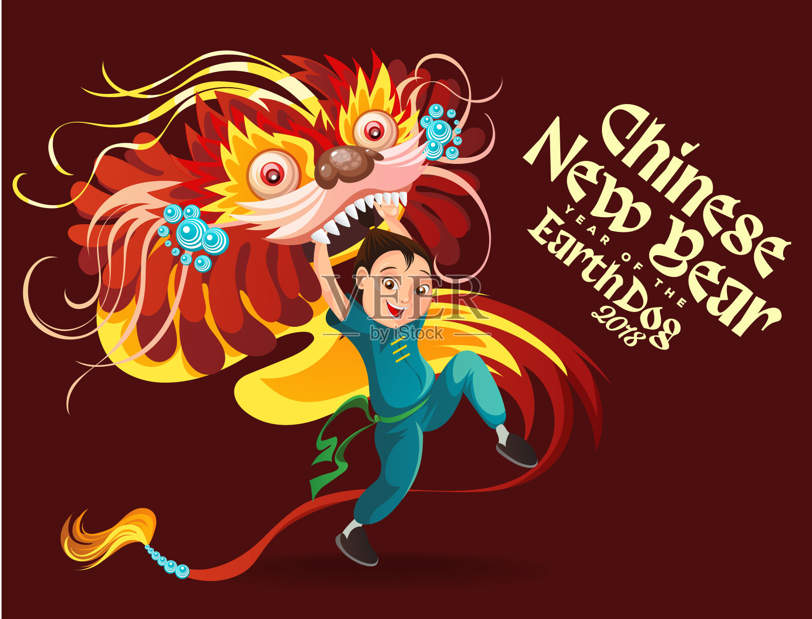 中国农历新年舞狮大战孤立在黑暗的背景下，快乐的舞者在中国传统服装手持五颜六色的龙面具在游行或狂欢节，卡通风格矢量插图插画图片素材