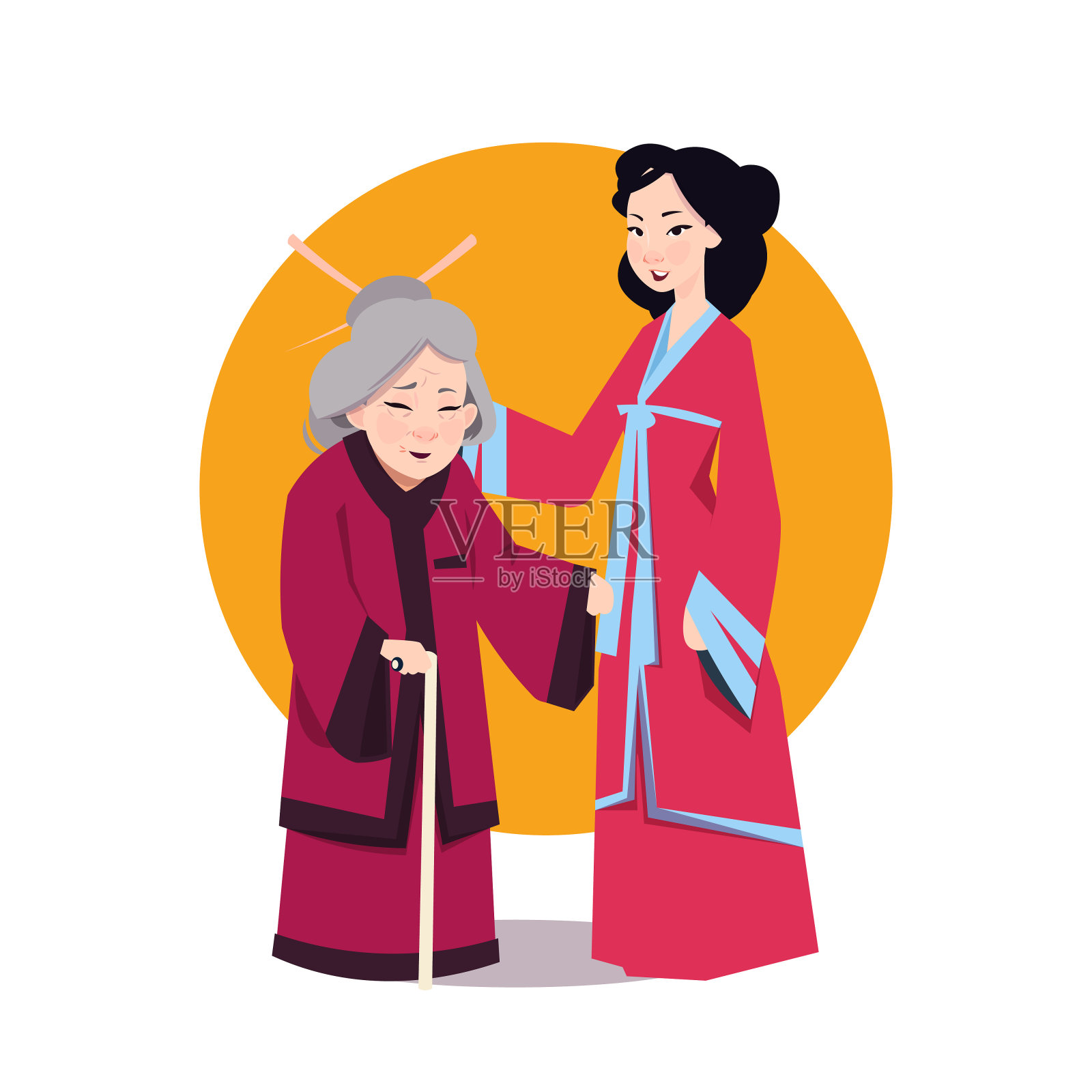 两个亚洲妇女在日本和服年轻女孩和年长女士穿着传统服装插画图片素材