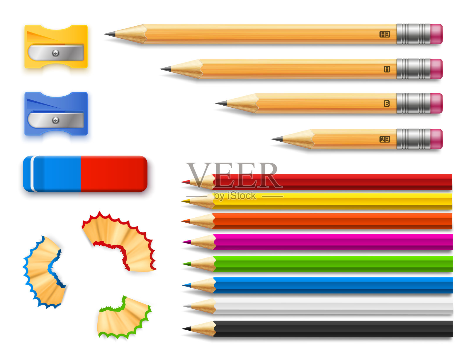 带卷笔刀和橡皮的彩色铅笔和各种长度的铅笔插画图片素材