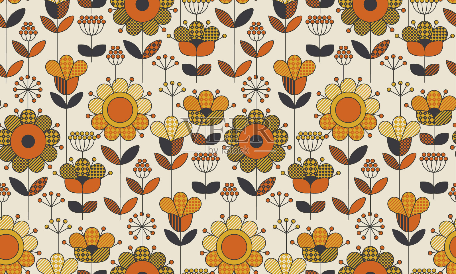 简单的几何花卉无缝图案。复古60年代的向日葵主题在秋季橙色和黄色的颜色。装饰花矢量插图。插画图片素材