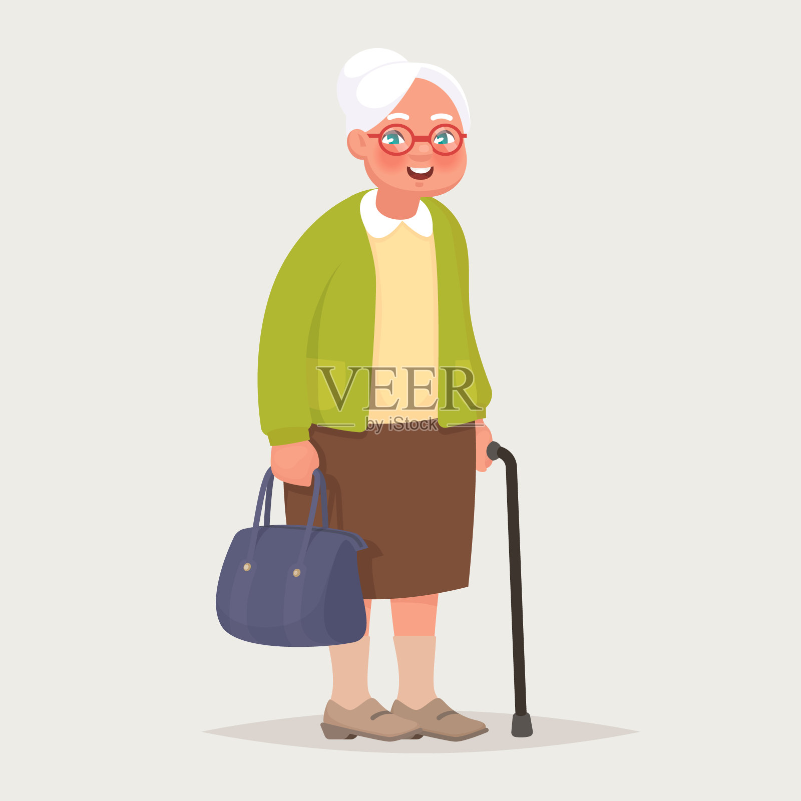 祖母戴眼镜。一个老妇人，手里拿着包，拄着拐杖。矢量图插画图片素材