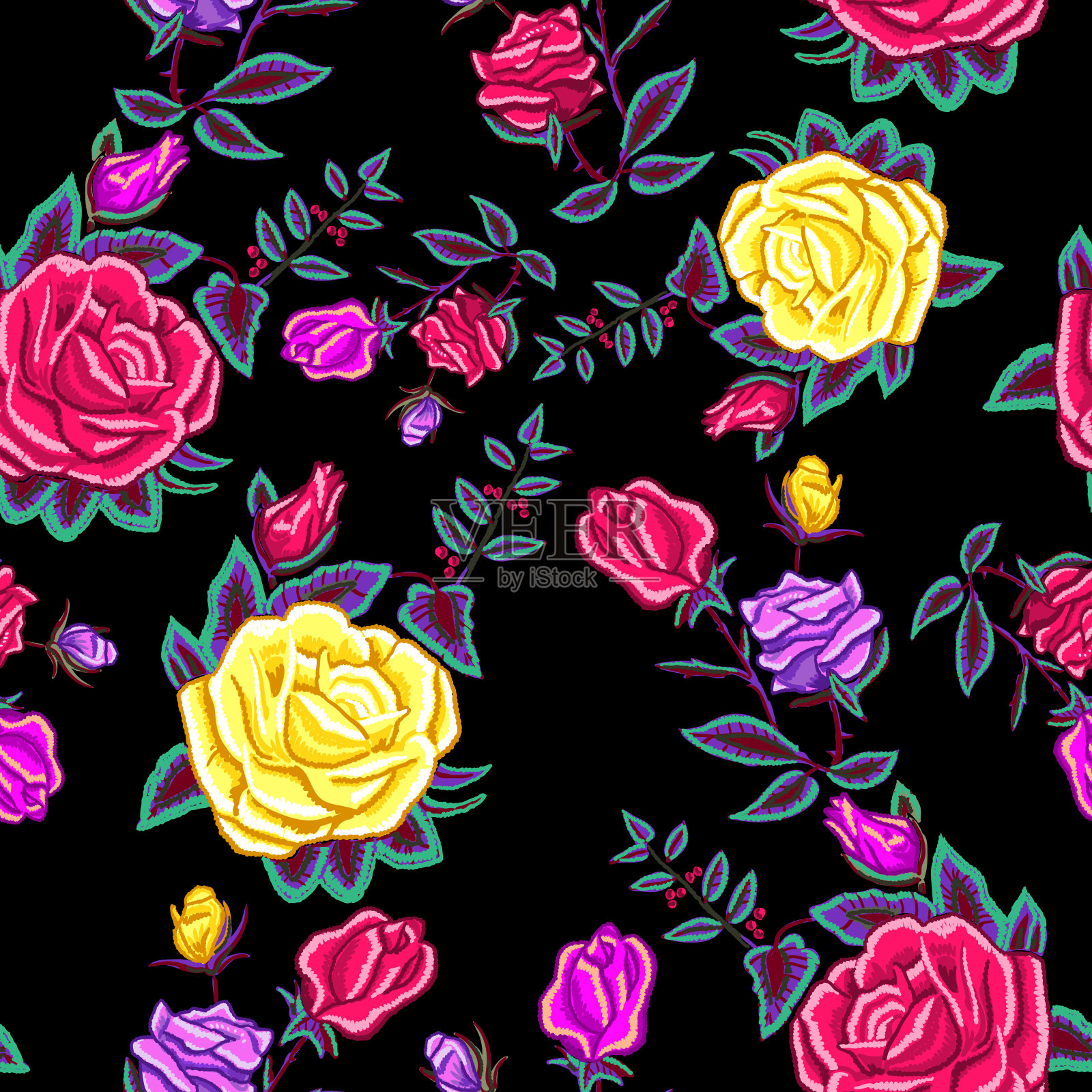 刺绣无缝图案与黄色和粉红色的玫瑰。插画图片素材