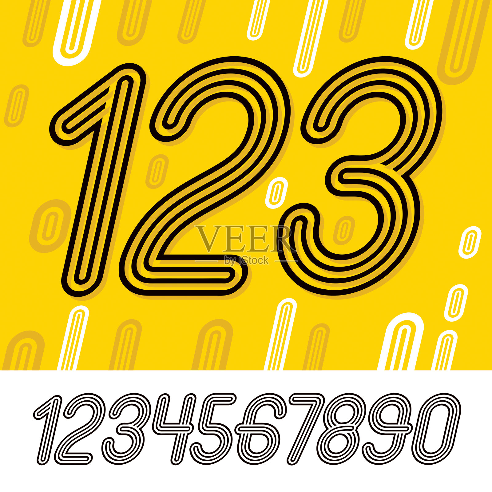 一套时尚的复古向量数字，现代数字集合。时髦的斜体数字从0到9可以用于海报创作。使用三条带，平行线创建。设计元素图片