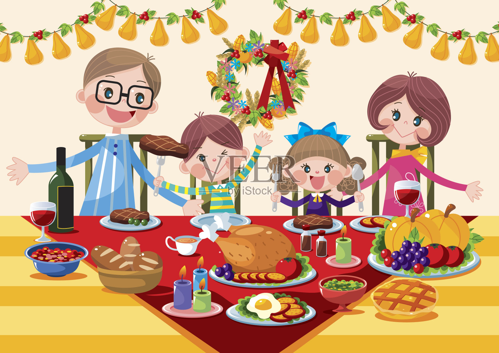 快乐的家庭感恩节晚餐插画图片素材