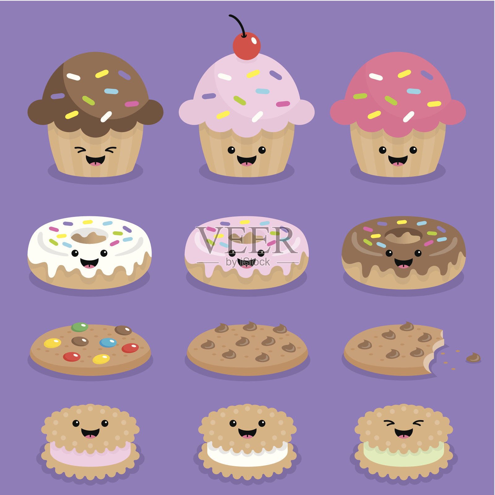 可爱的小蛋糕，甜甜圈和饼干插画图片素材
