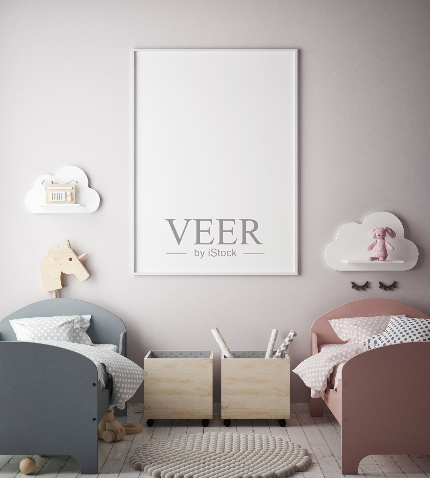 模拟海报框架儿童卧室，斯堪的纳维亚风格的室内背景，3D渲染照片摄影图片