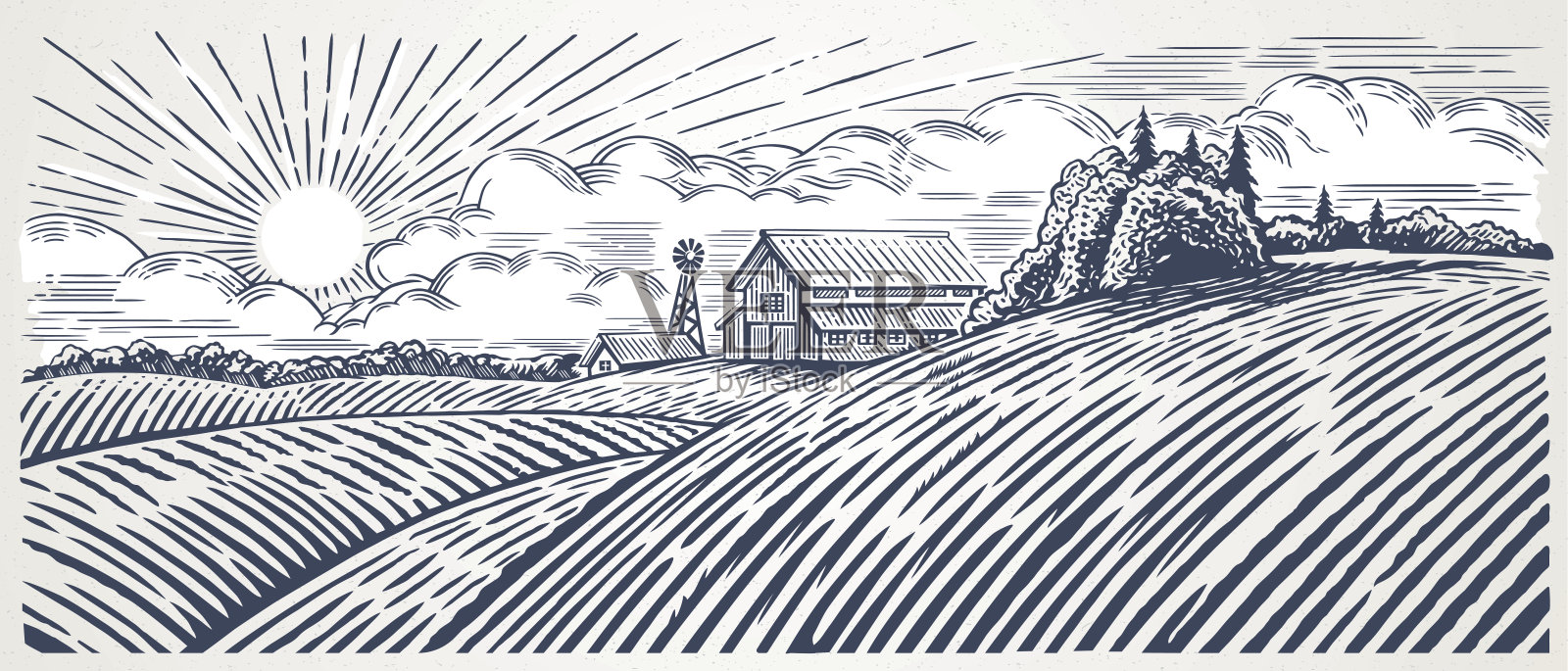 带有农场的乡村景观插画图片素材