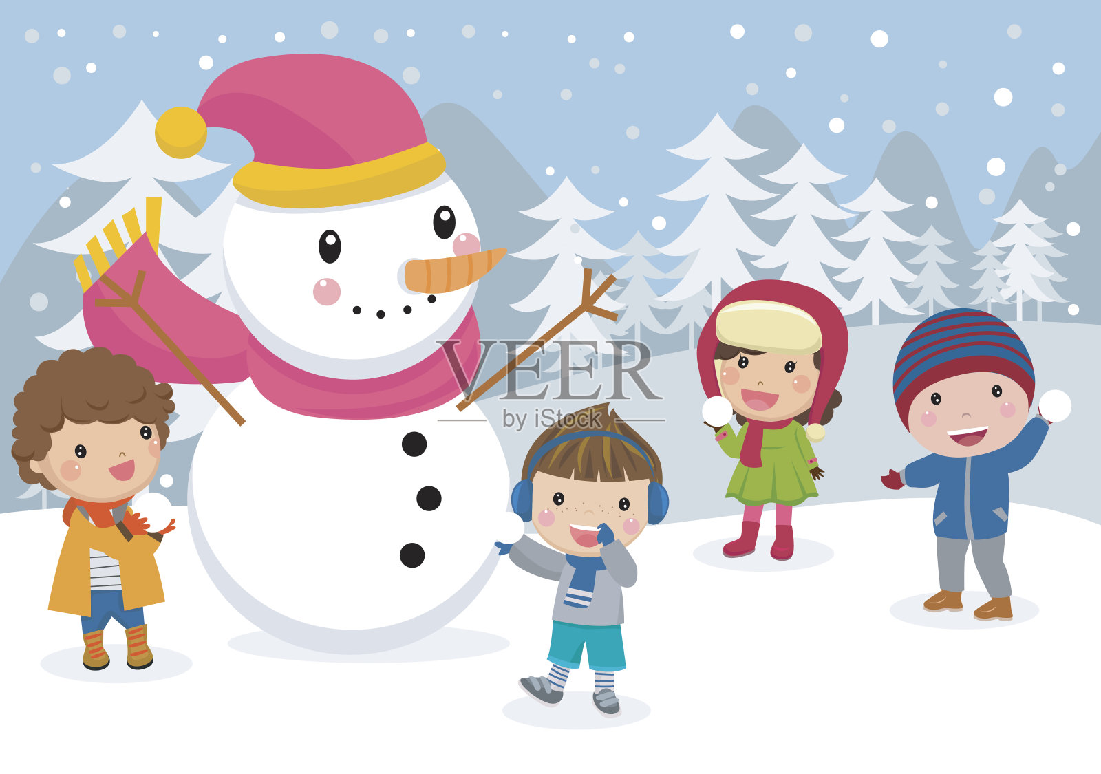孩子和雪人插画图片素材
