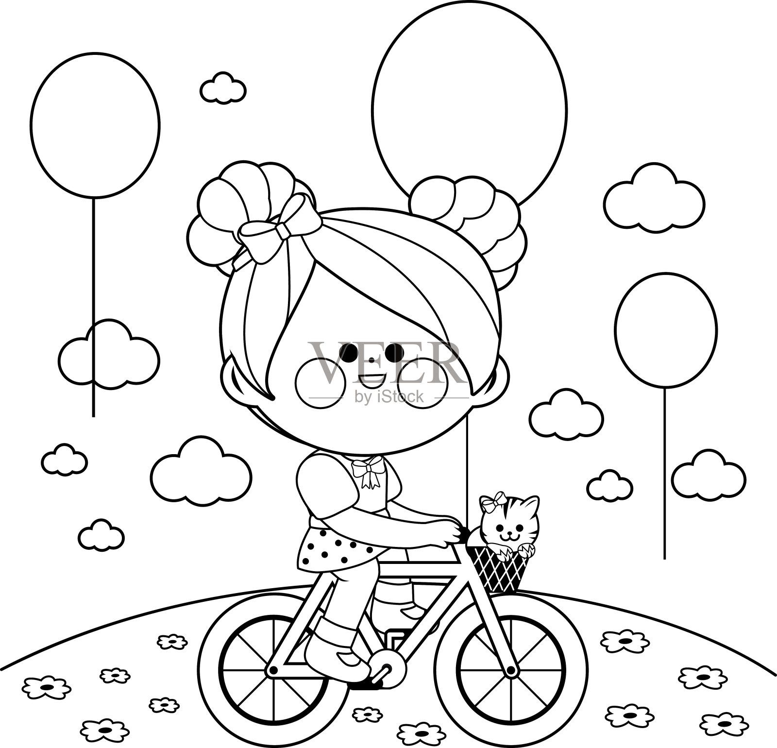 在公园里骑自行车的女孩。黑白涂色书页插画图片素材