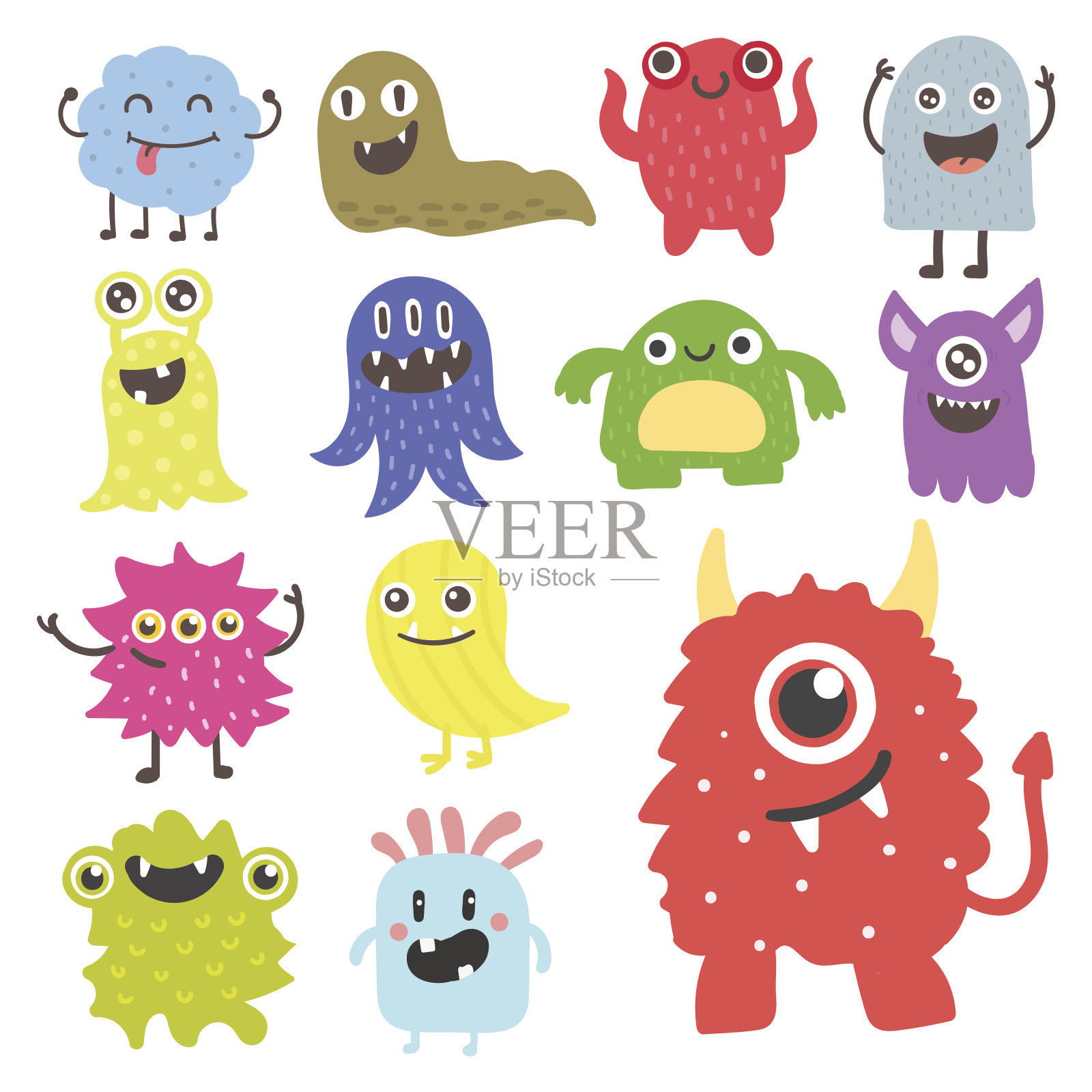 有趣的卡通怪物可爱的外星人角色生物快乐的插图魔鬼彩色动物向量插画图片素材