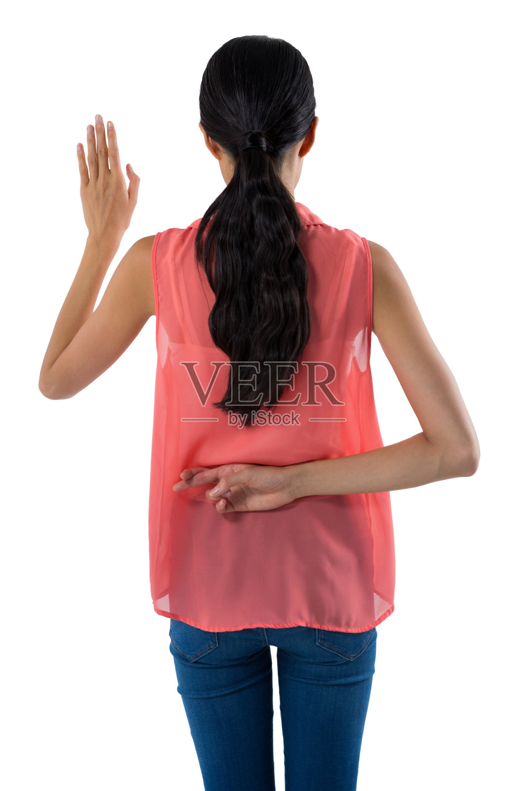 女人在白色背景下做手势照片摄影图片