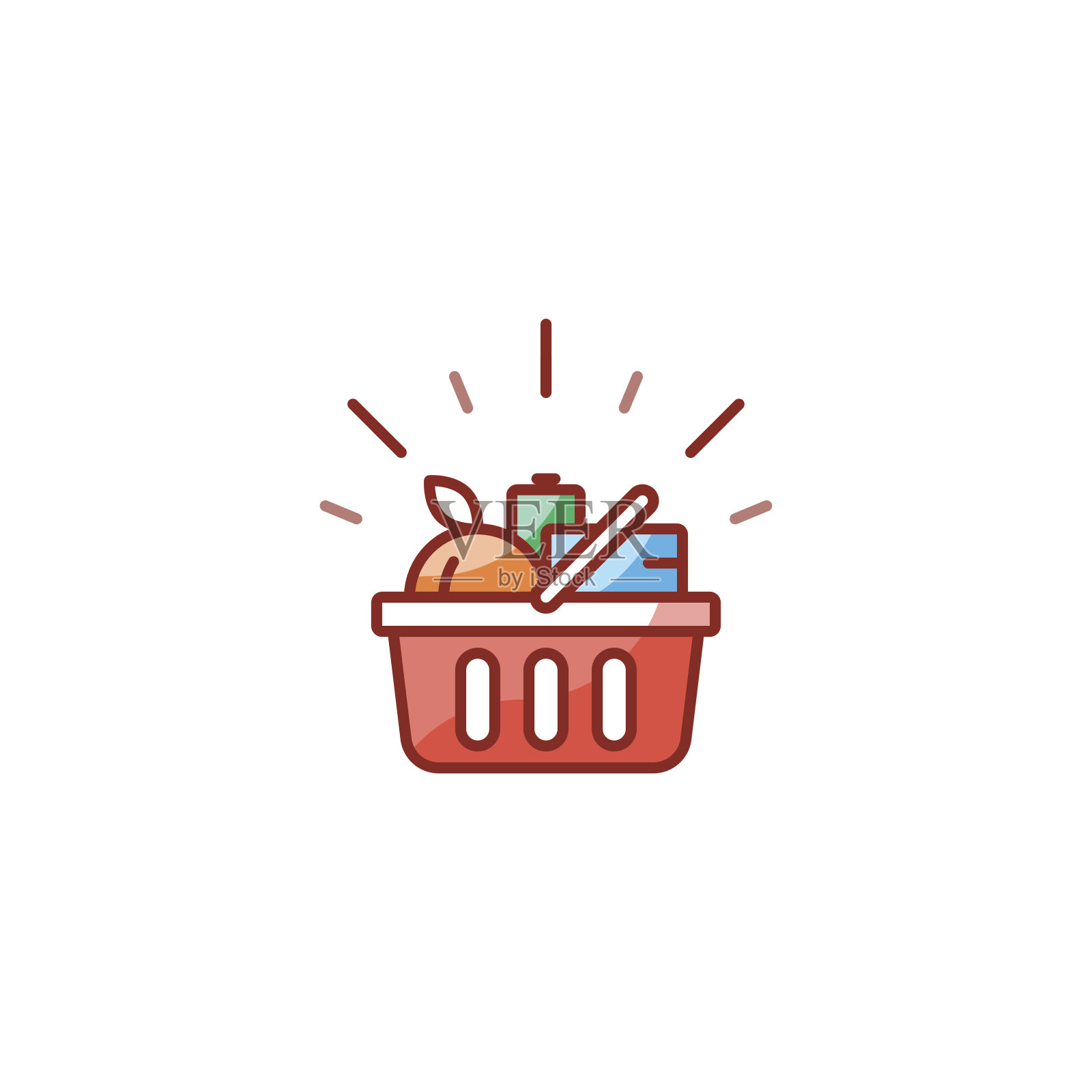 红色篮子与杂货产品，促销交易，购物食品线图标插画图片素材