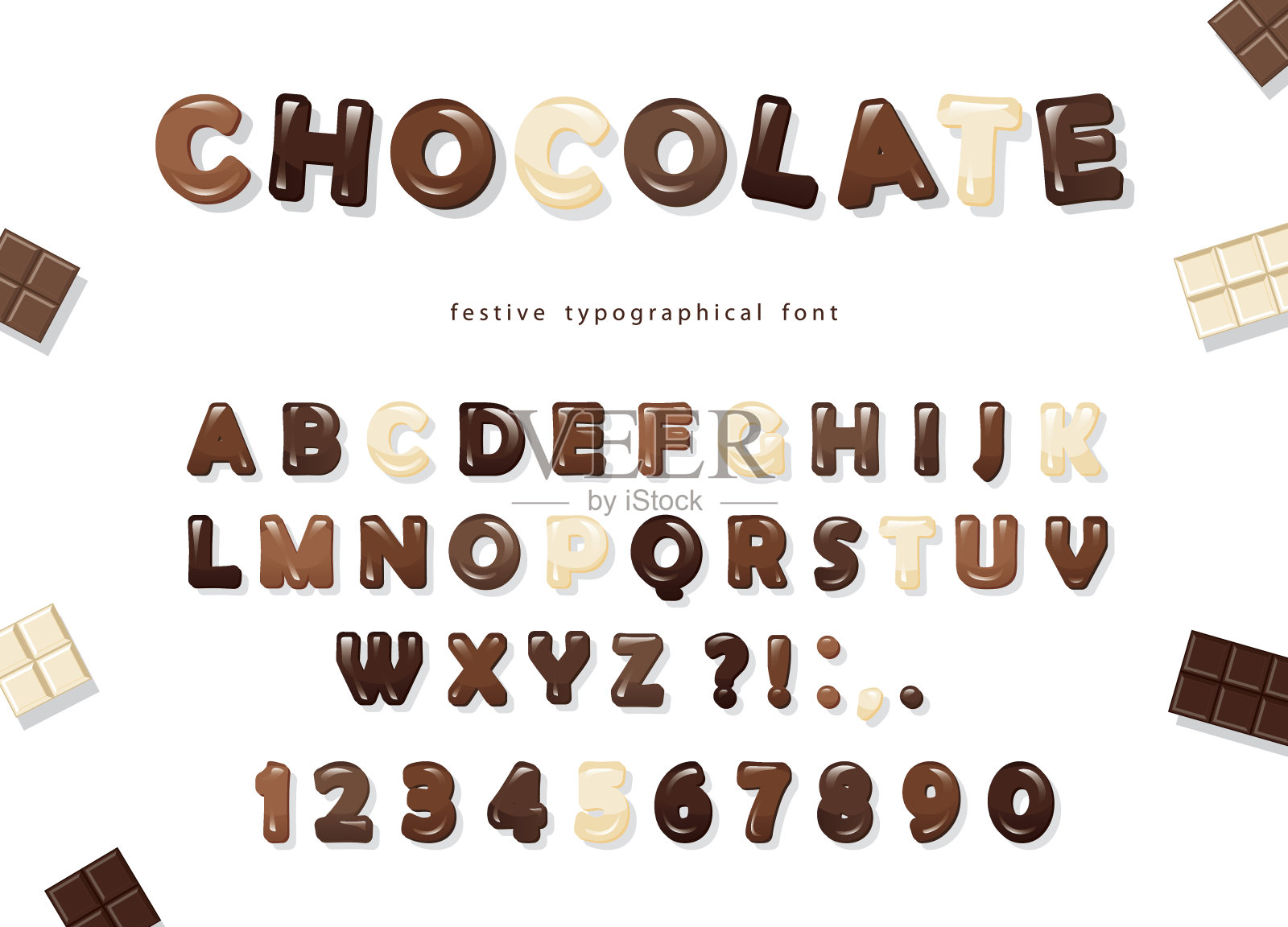 光滑的ABC字母和数字，由不同种类的巧克力制成——黑巧克力、牛奶巧克力和白巧克力。甜蜜的字体设计。插画图片素材