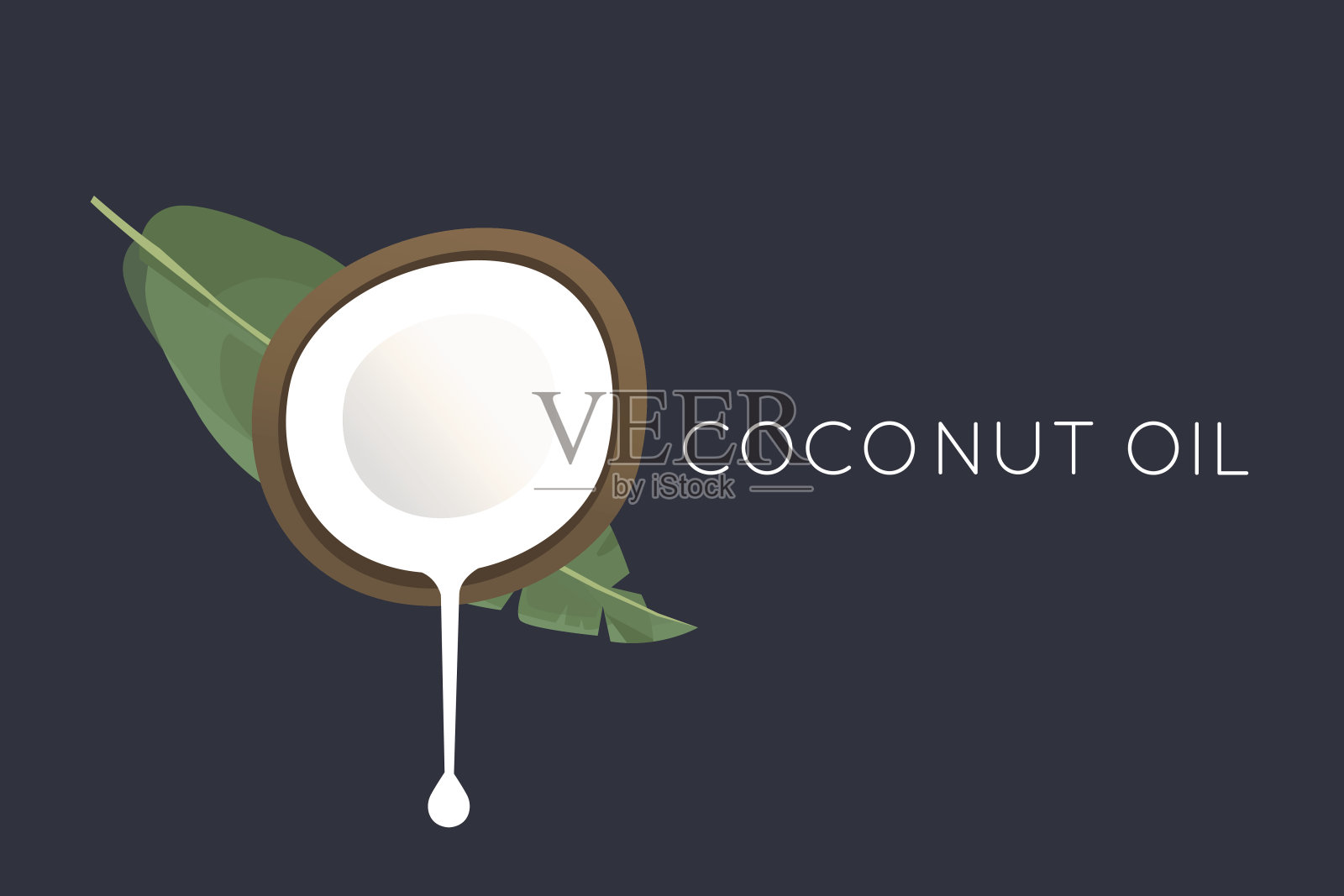 椰子图标。一半椰汁和一片棕榈叶。矢量图插画图片素材