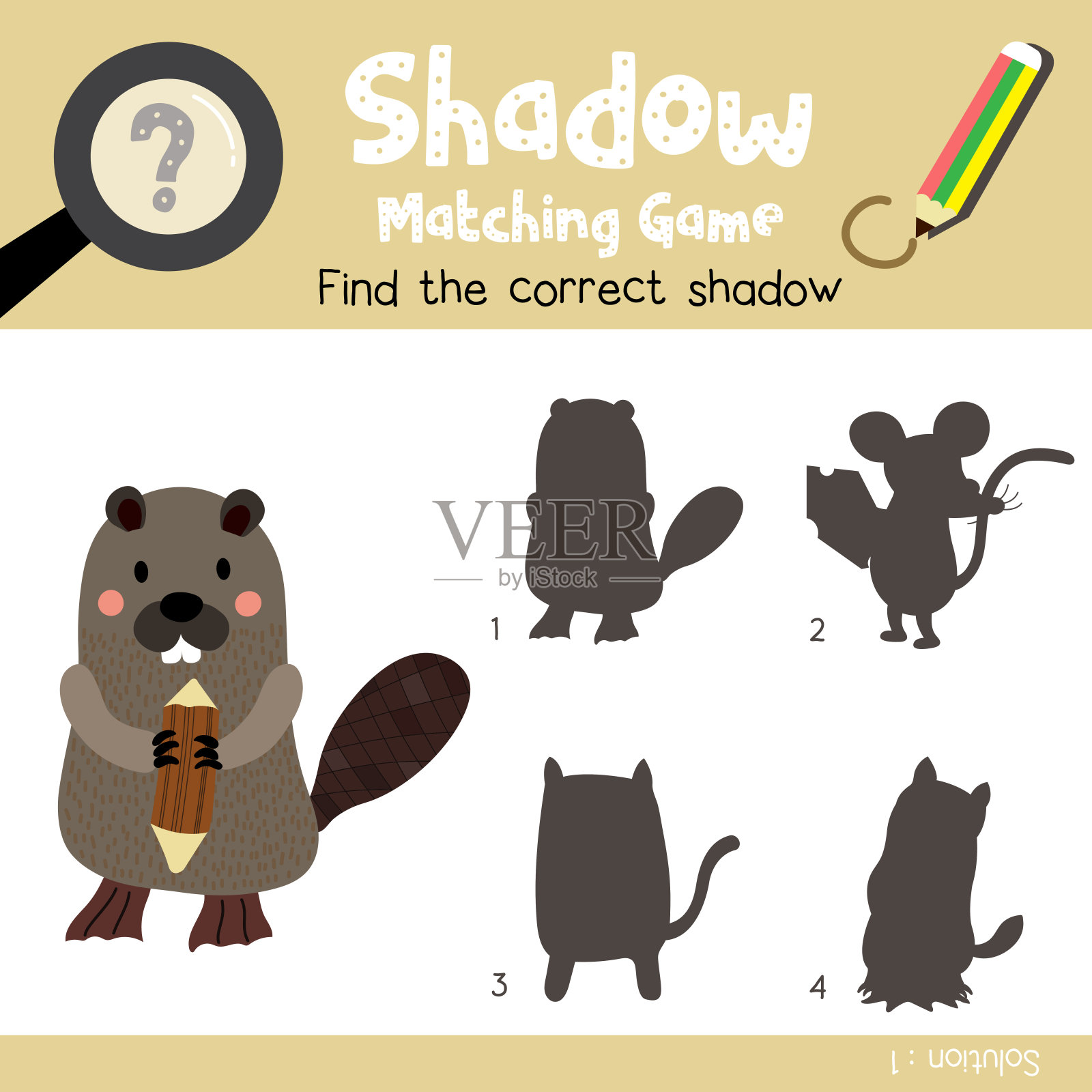 影子匹配游戏《站立的海狸》手持一个原木动物卡通人物矢量插图设计元素图片