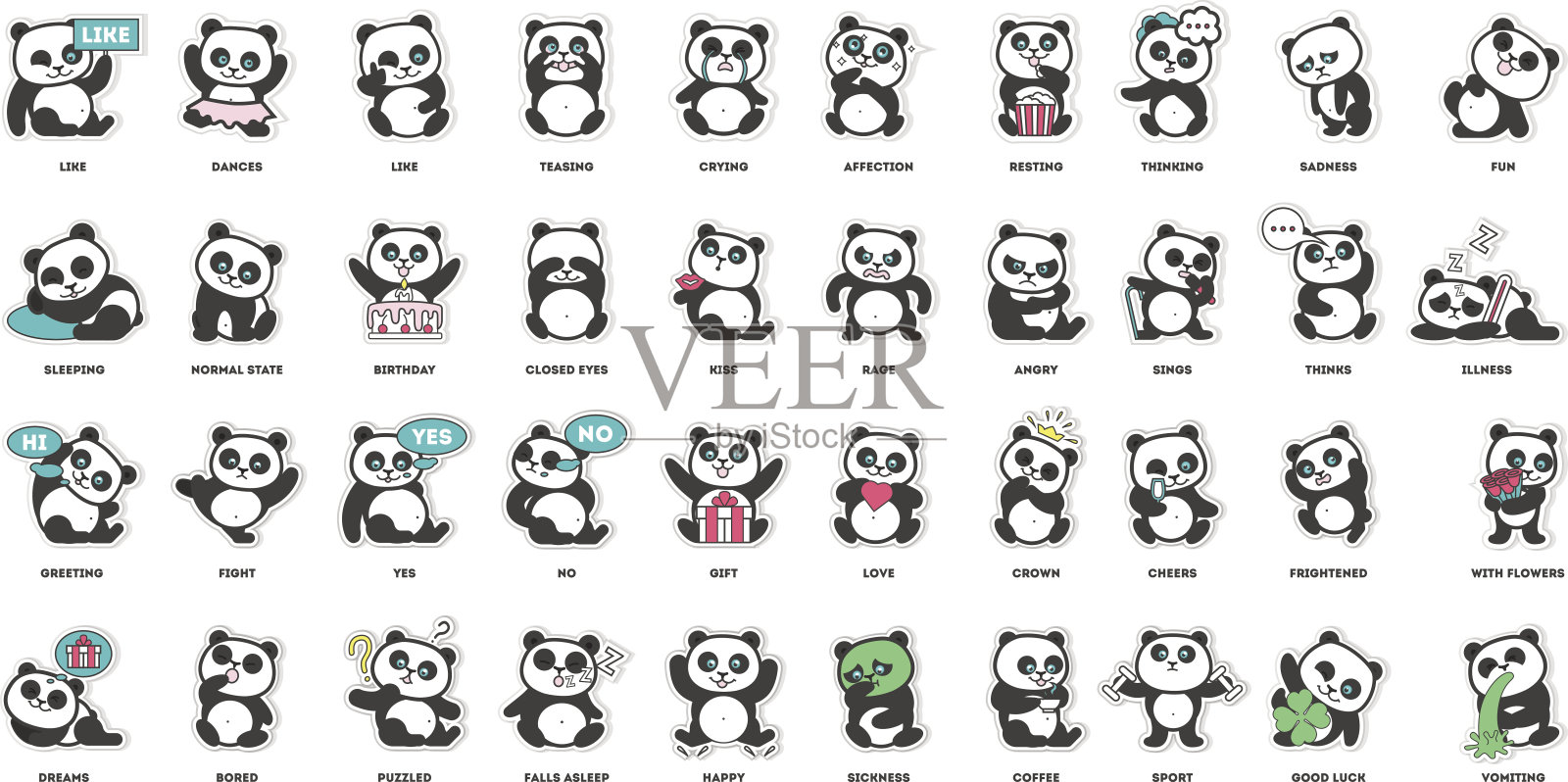 可爱的熊猫，贴纸收藏，设计元素图片