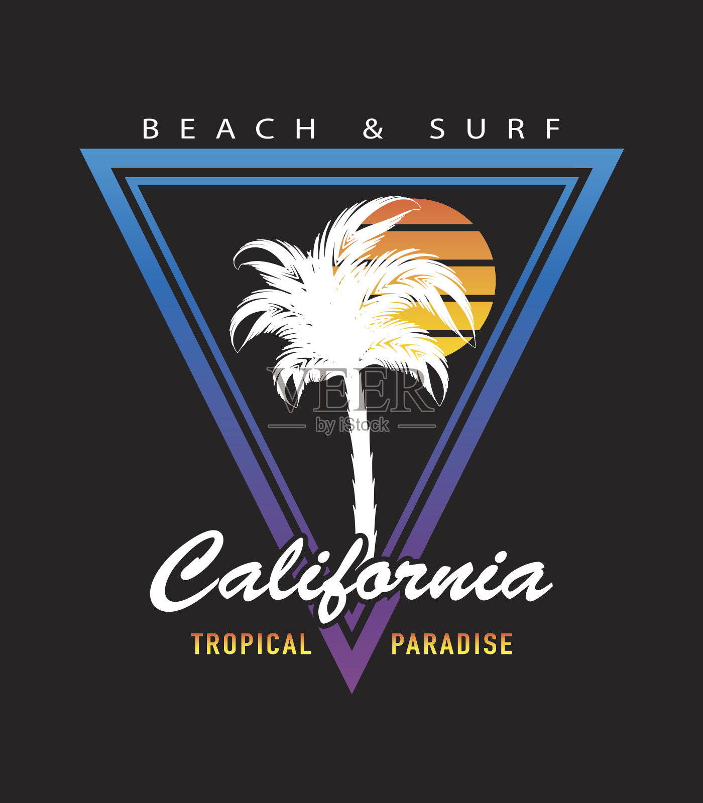 加州排版棕榈树和日落夏季海滩冲浪概念t恤图形矢量打印设计插画图片素材
