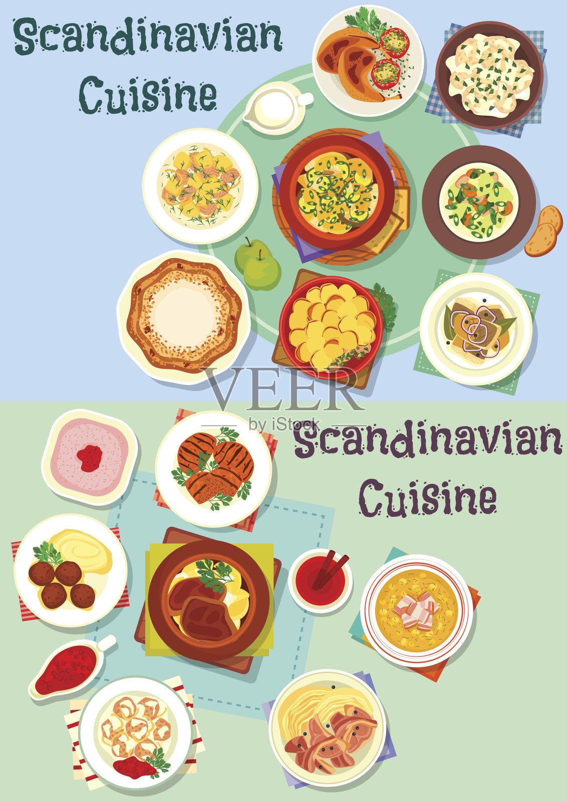 斯堪的那维亚菜肴的标志与鱼和肉插画图片素材